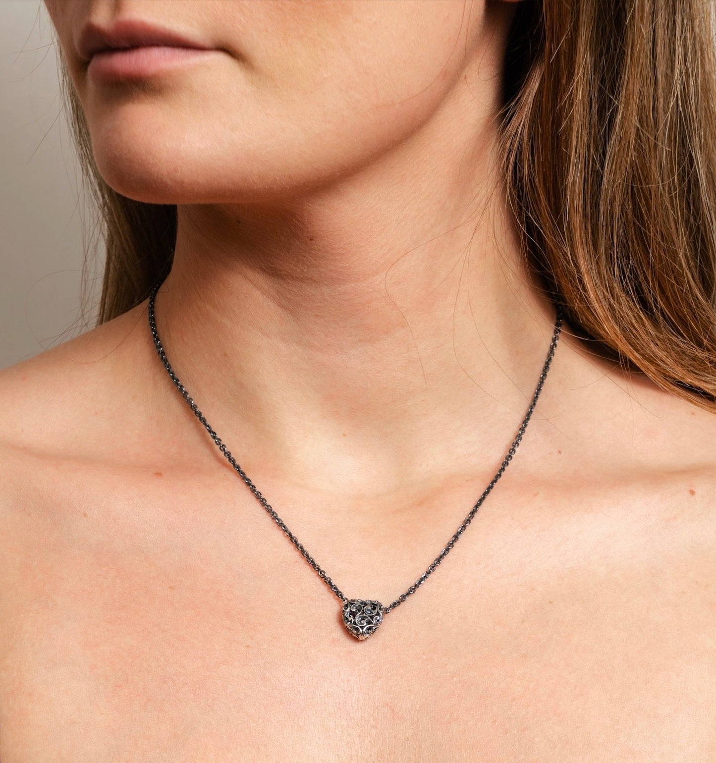 Burnished Silver Engraved Heart Necklace