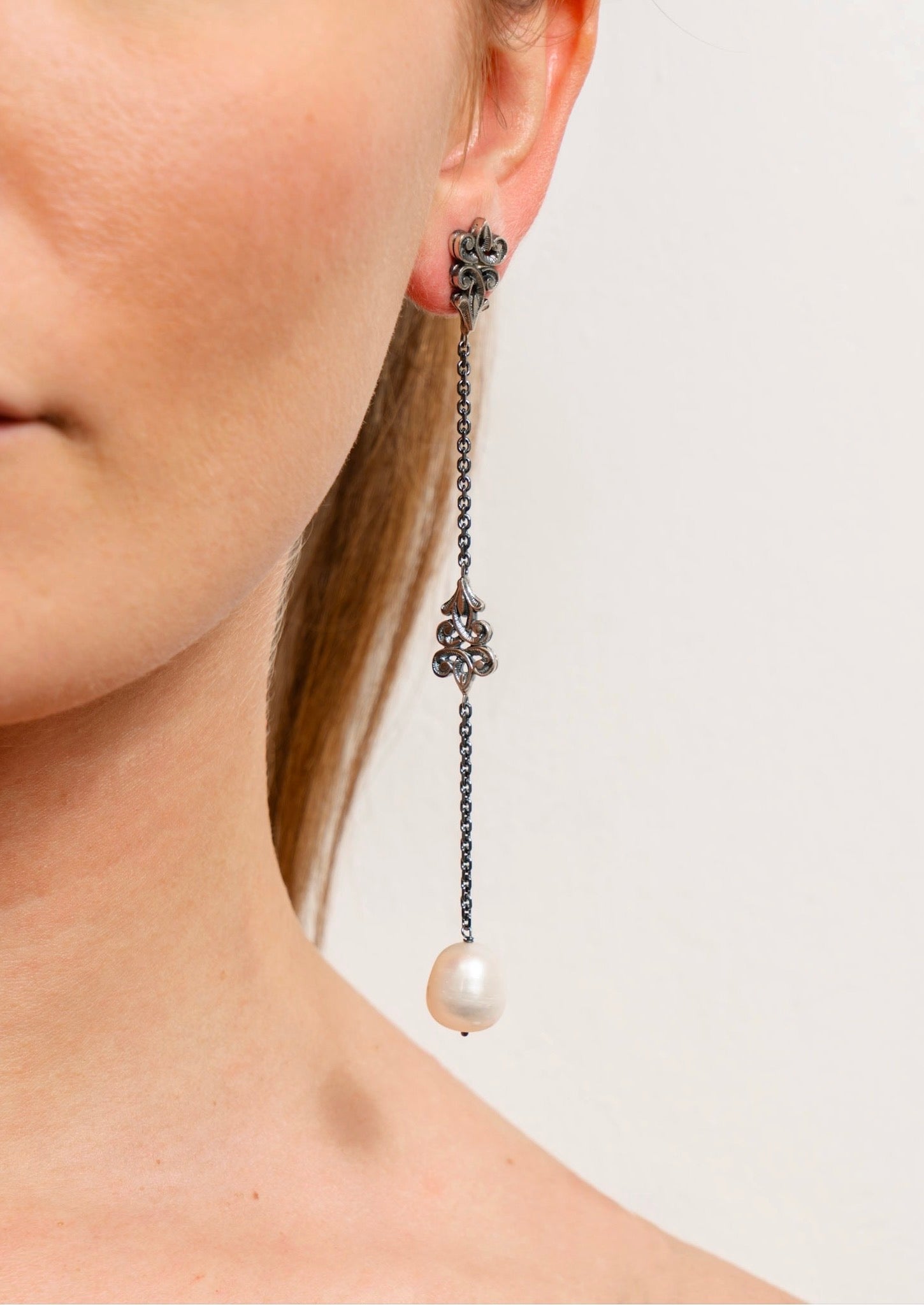 Long Lily Silver & Pearl Drop Earrings