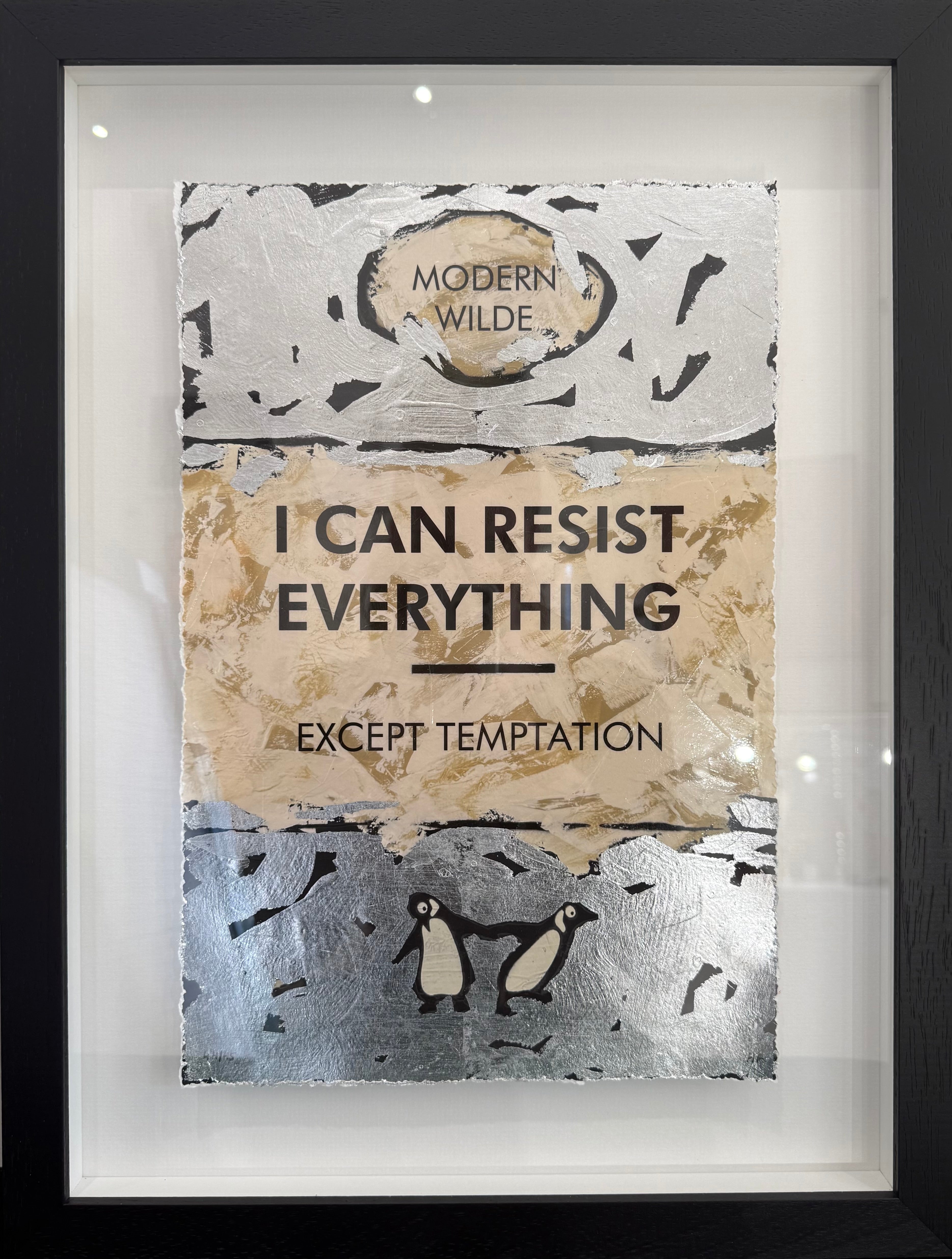 Framed artwork with text 'I can resist everything except temptation' and penguin illustration.