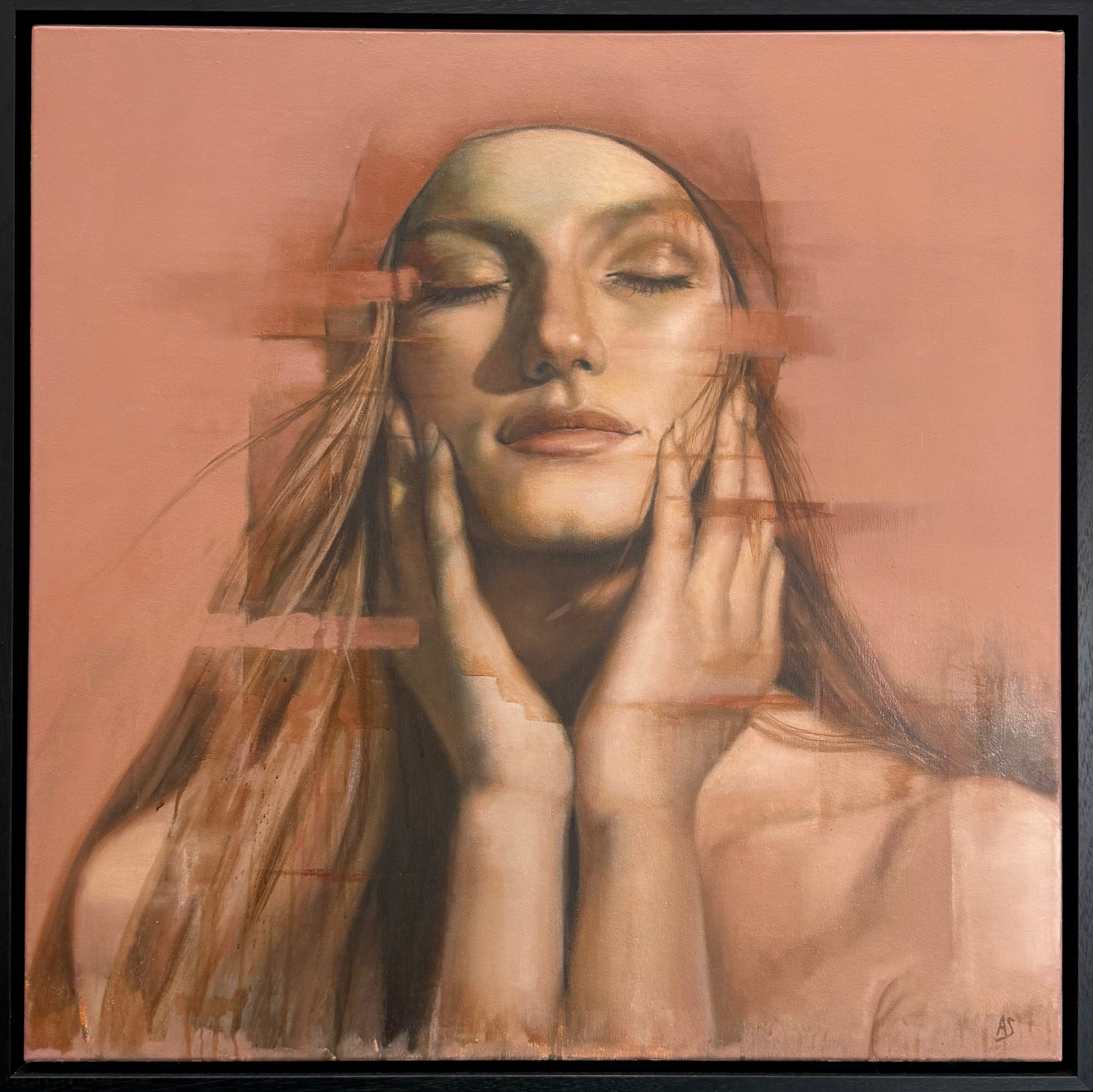Artistic depiction of a woman with long hair and hands near her face on a pink background in black slip frame
