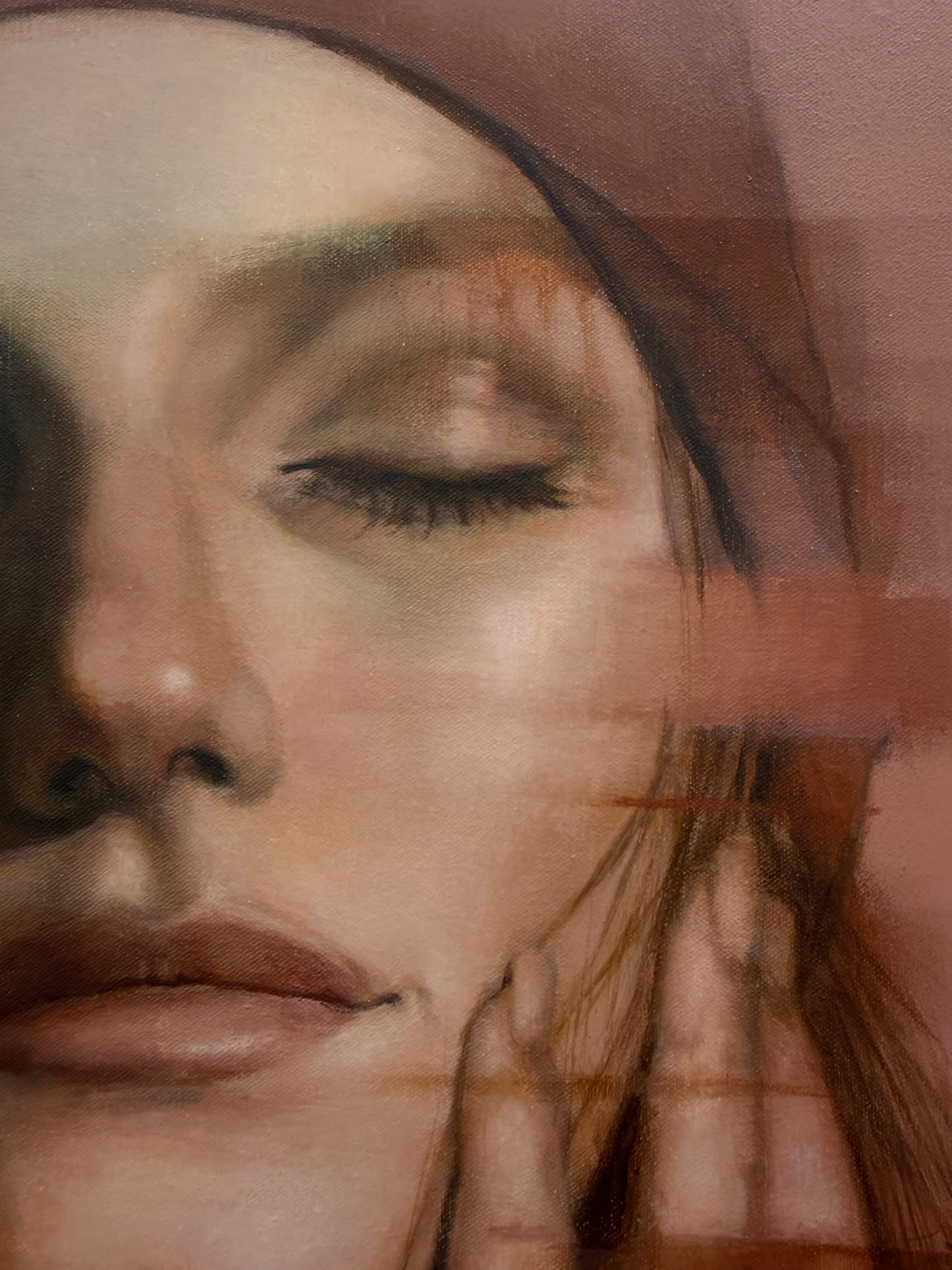 In the Moment by Al Saralis close up of female right side detail of face with pink peach tones detail of eye lashes lips and nose