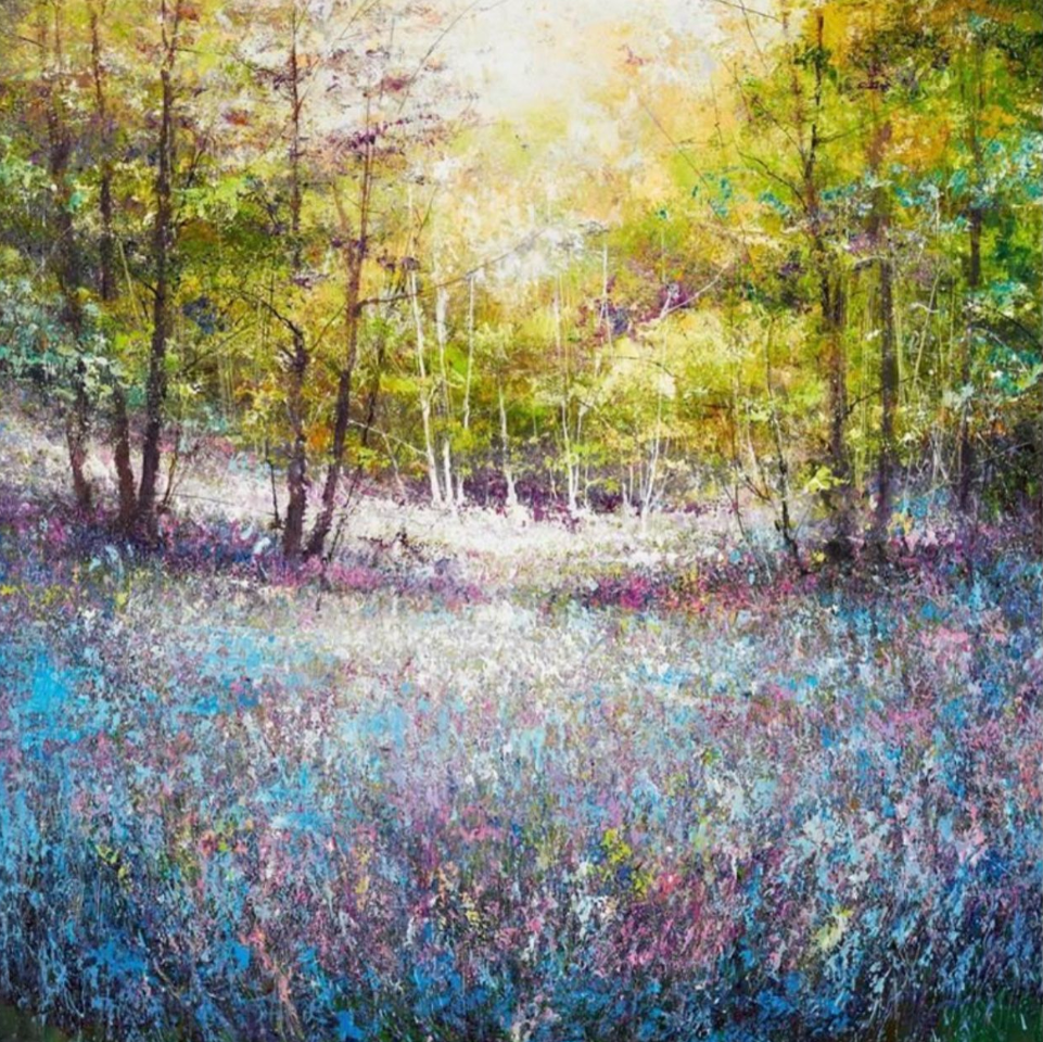 Painting of a forest with bluebell flowers