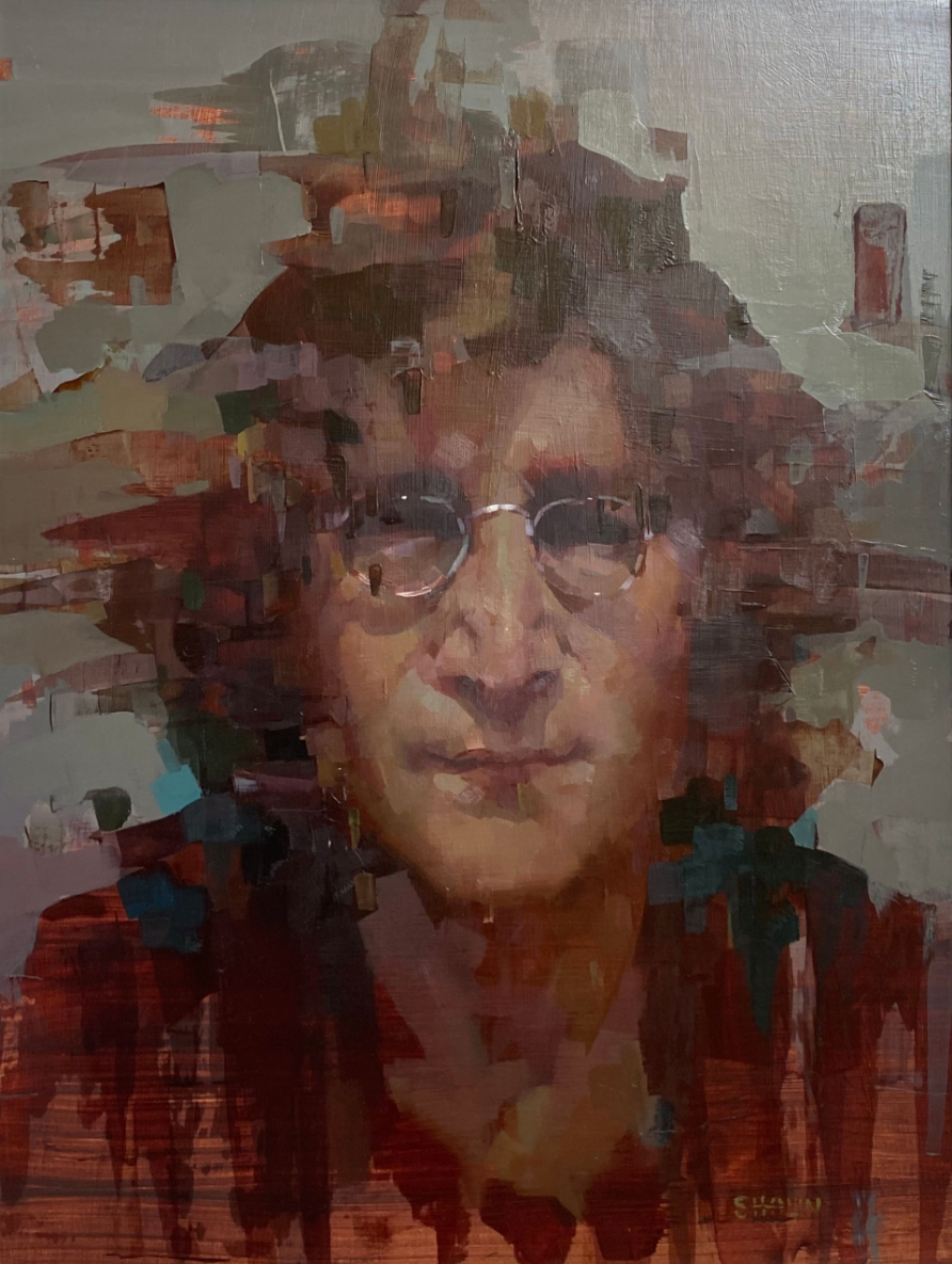 Abstract art with a portrait of a John Lennon from the beatles wearing glasses