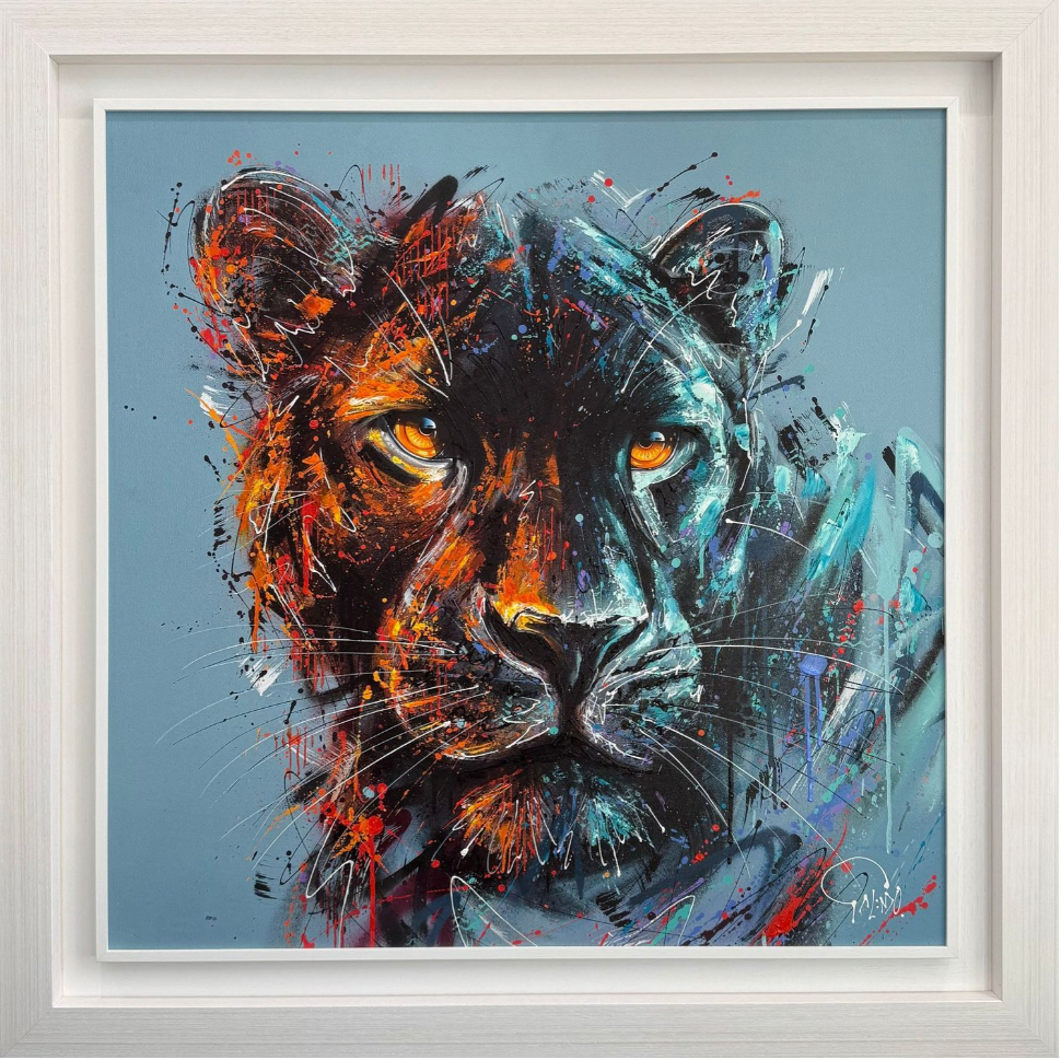 Framed painting of a stylized tiger head with abstract art on a blue background