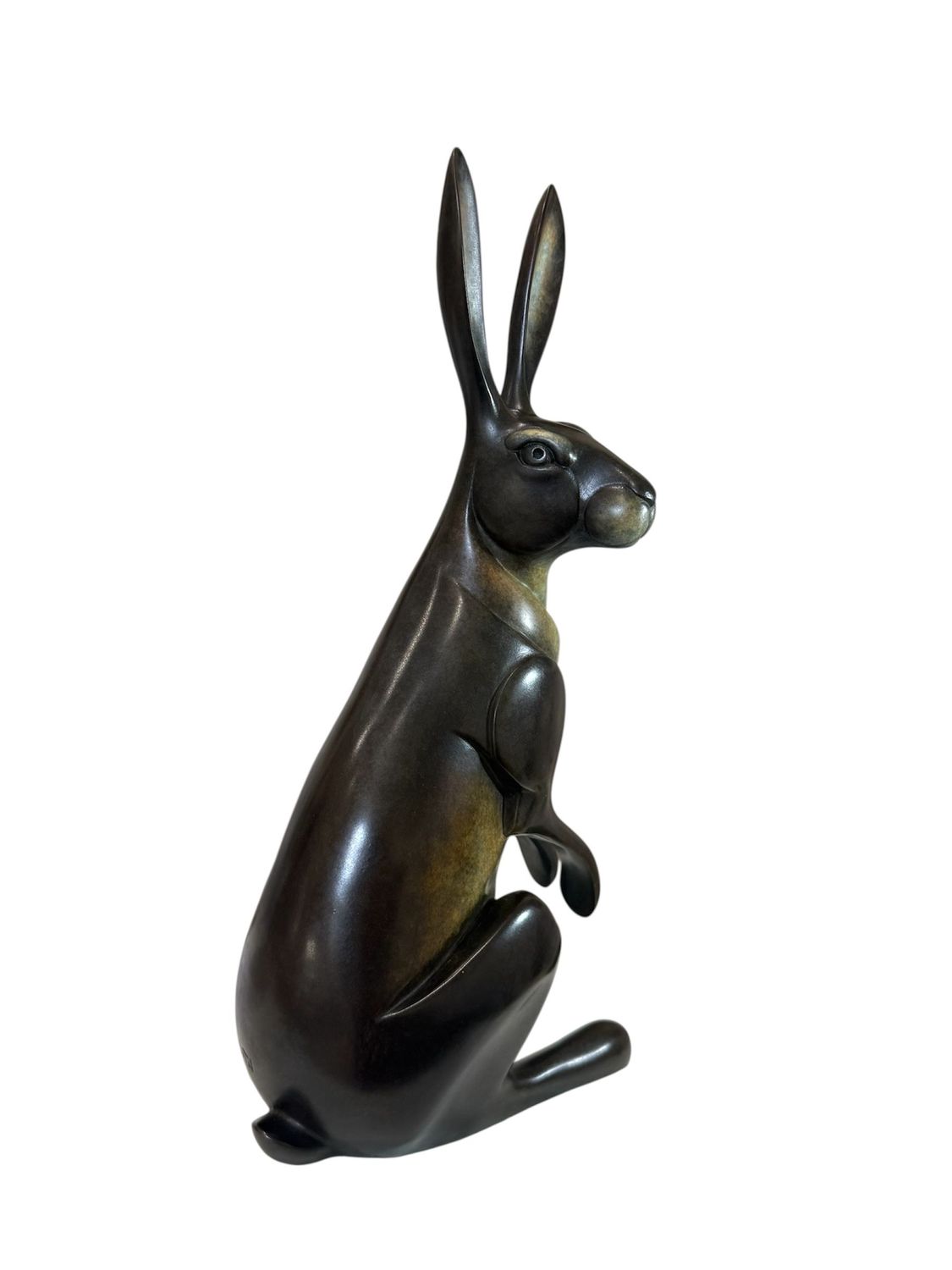 Bronze sculpture of a rabbit on a white background