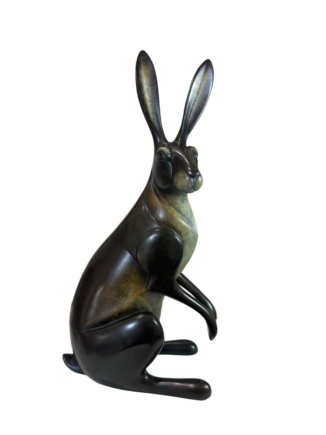 Bronze hare sculpture on a white background