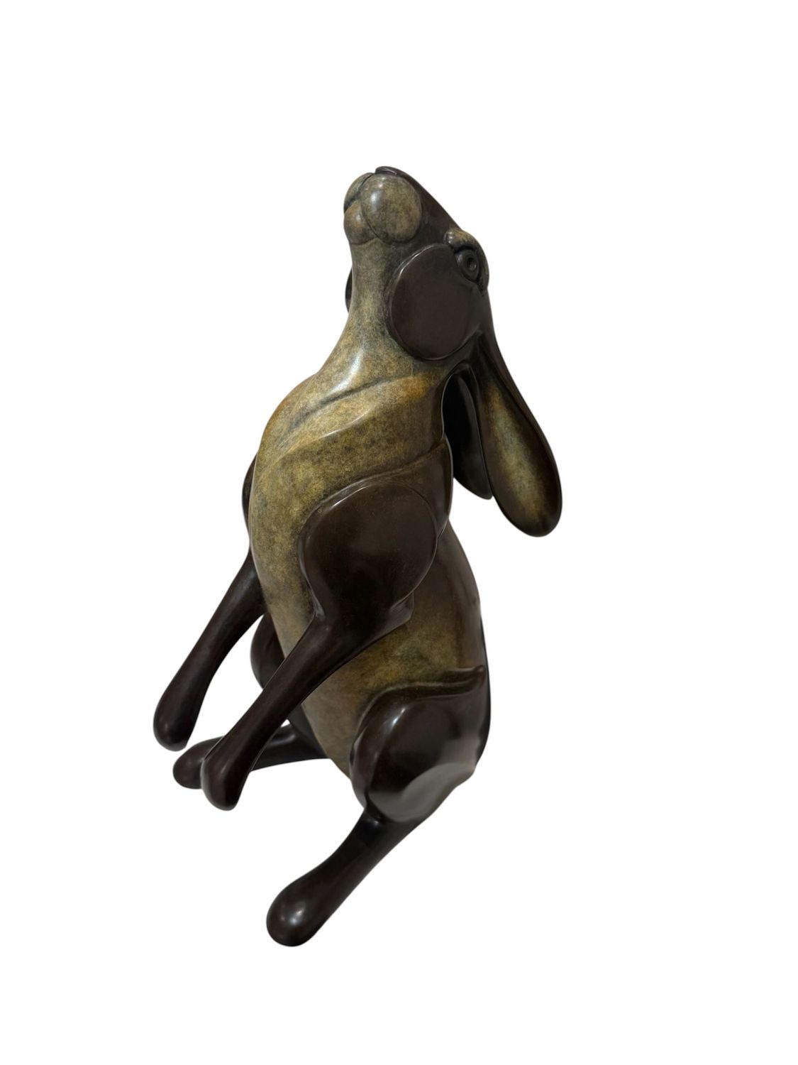 Bronze sculpture of a hare on a white background