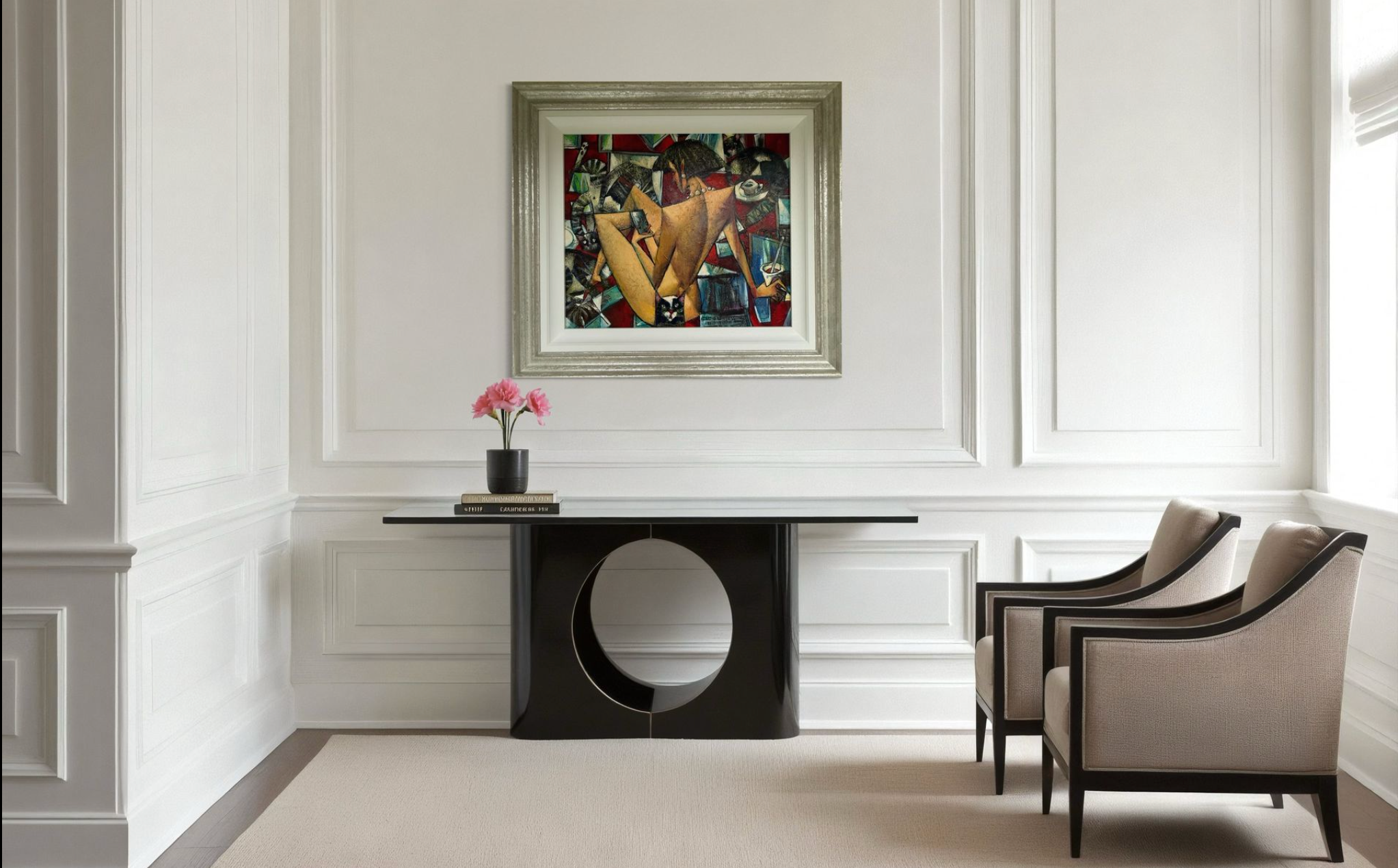 Modern interior with a black round table and gray chairs against a white wall with a framed Andrei Protsouk painting.