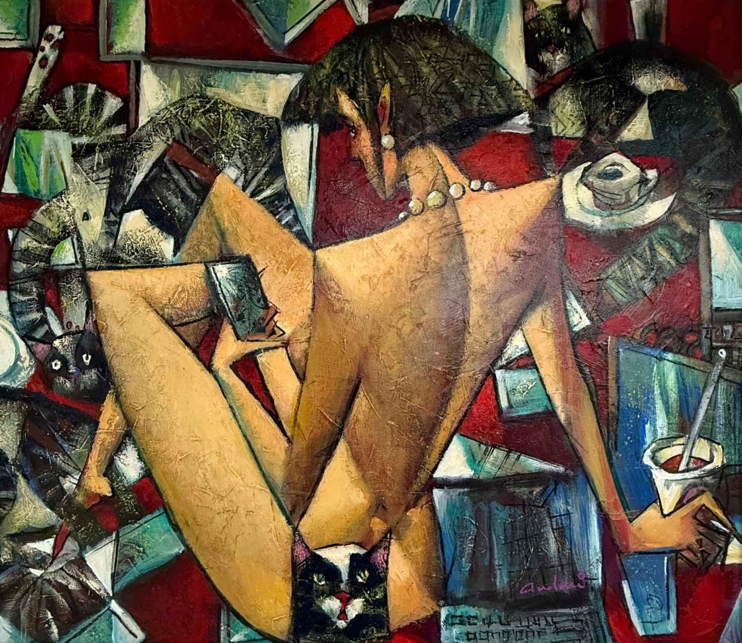 Abstract artwork with a central figure surrounded by geometric cats and a coffee mug