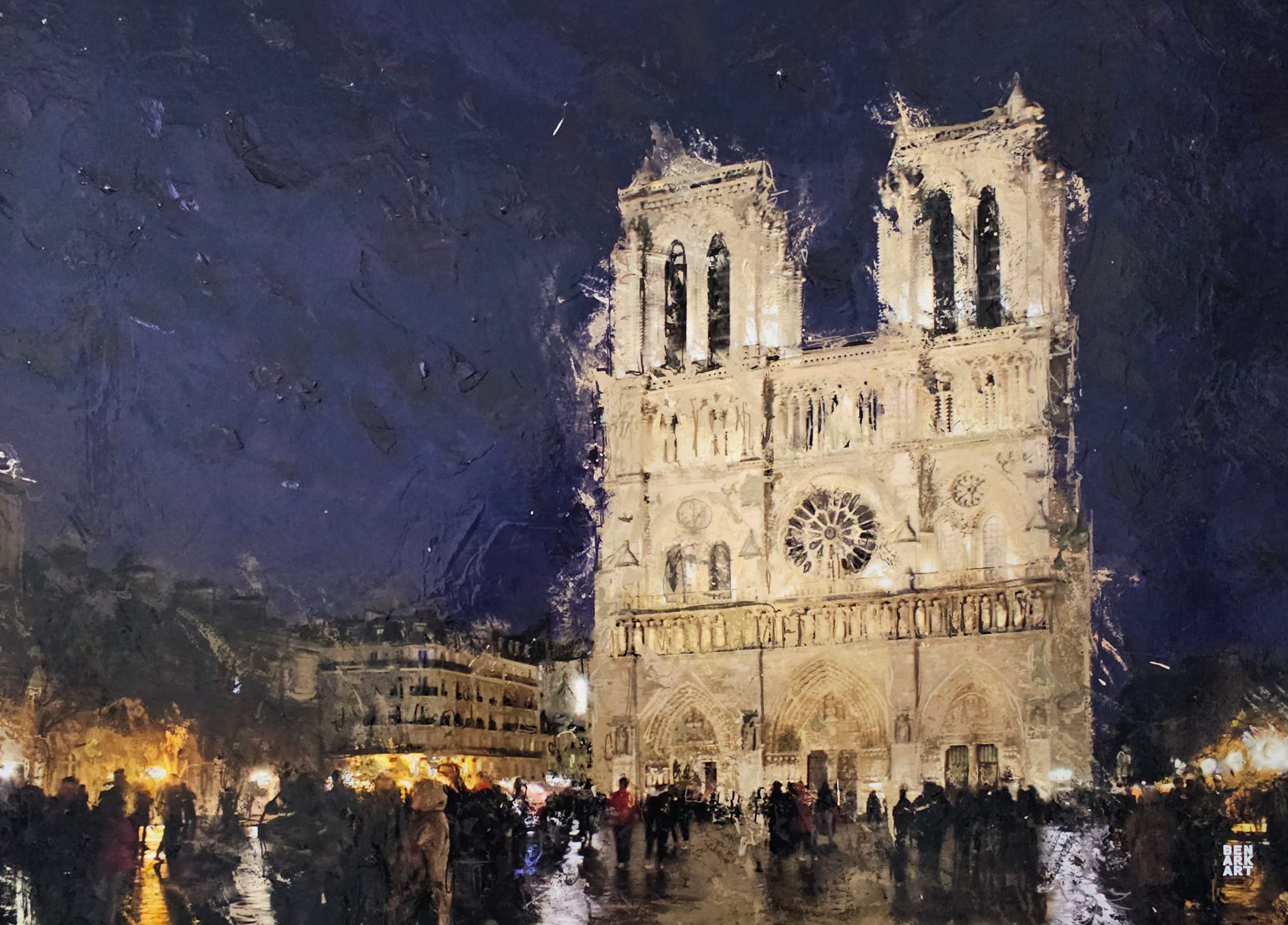 Notre-Dame Cathedral at night with people gathered around, illuminated by streetlights.