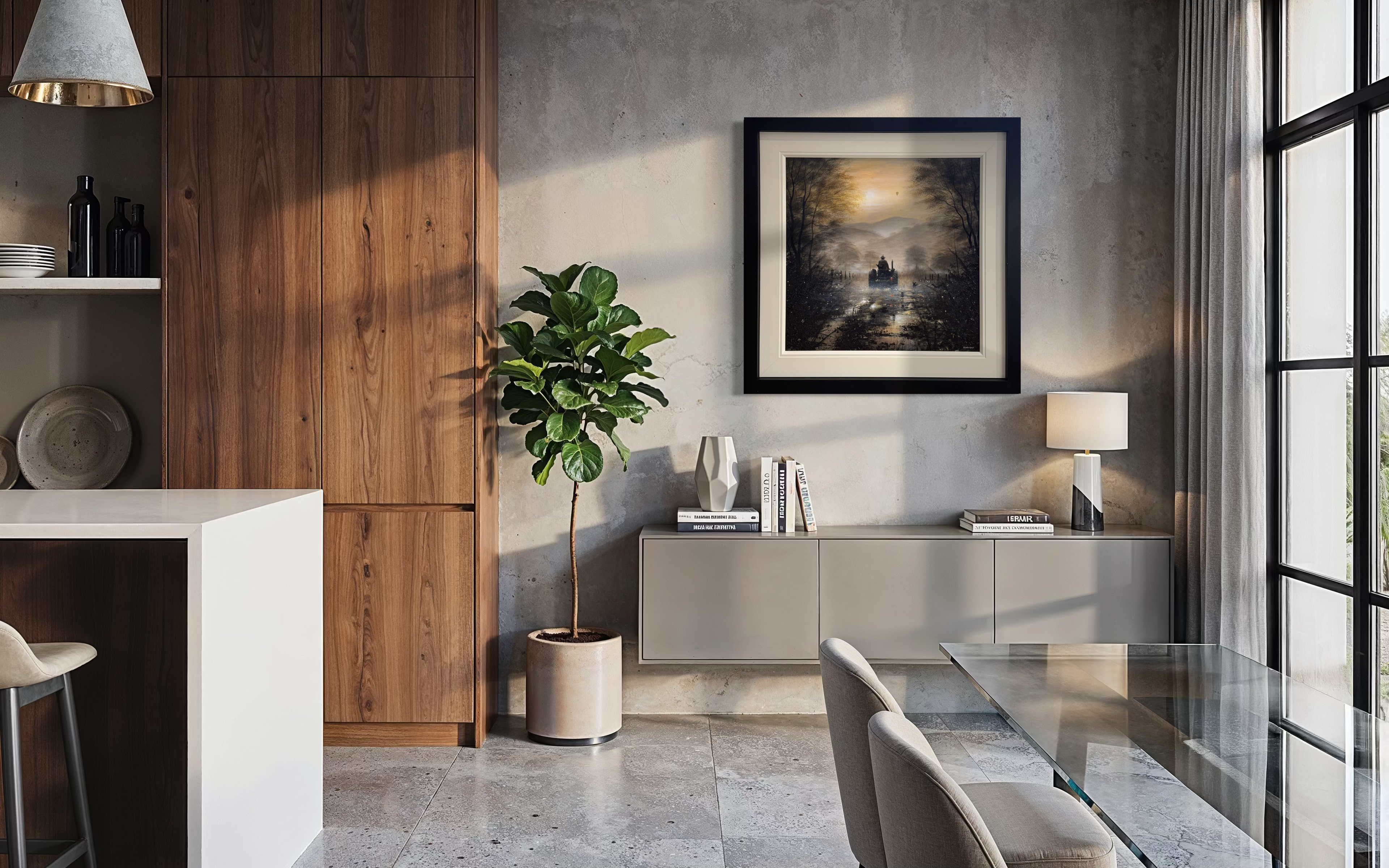 Modern kitchen and dining area with wooden cabinets, a plant, and a large window with original D J Warilow hanging central