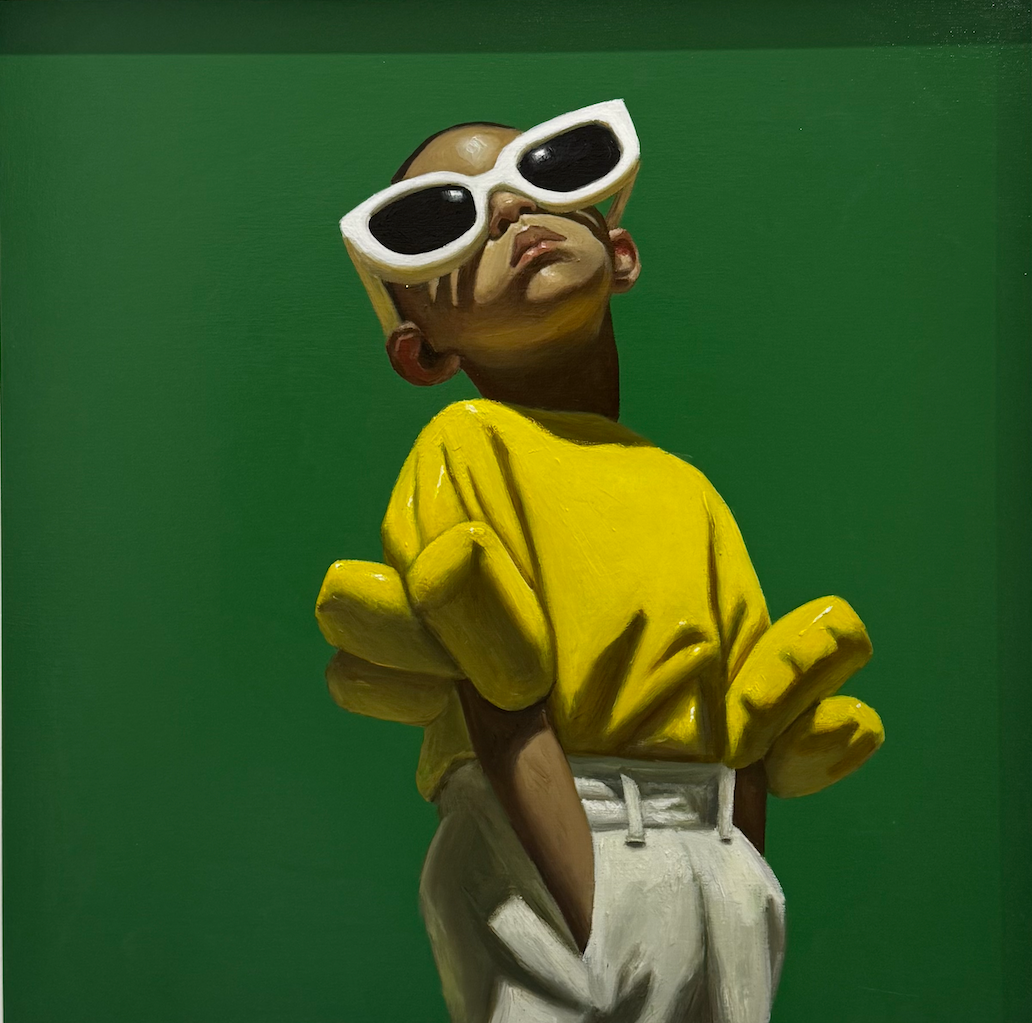 Painting of person wearing a yellow shirt and white pants with large sunglasses on a green background