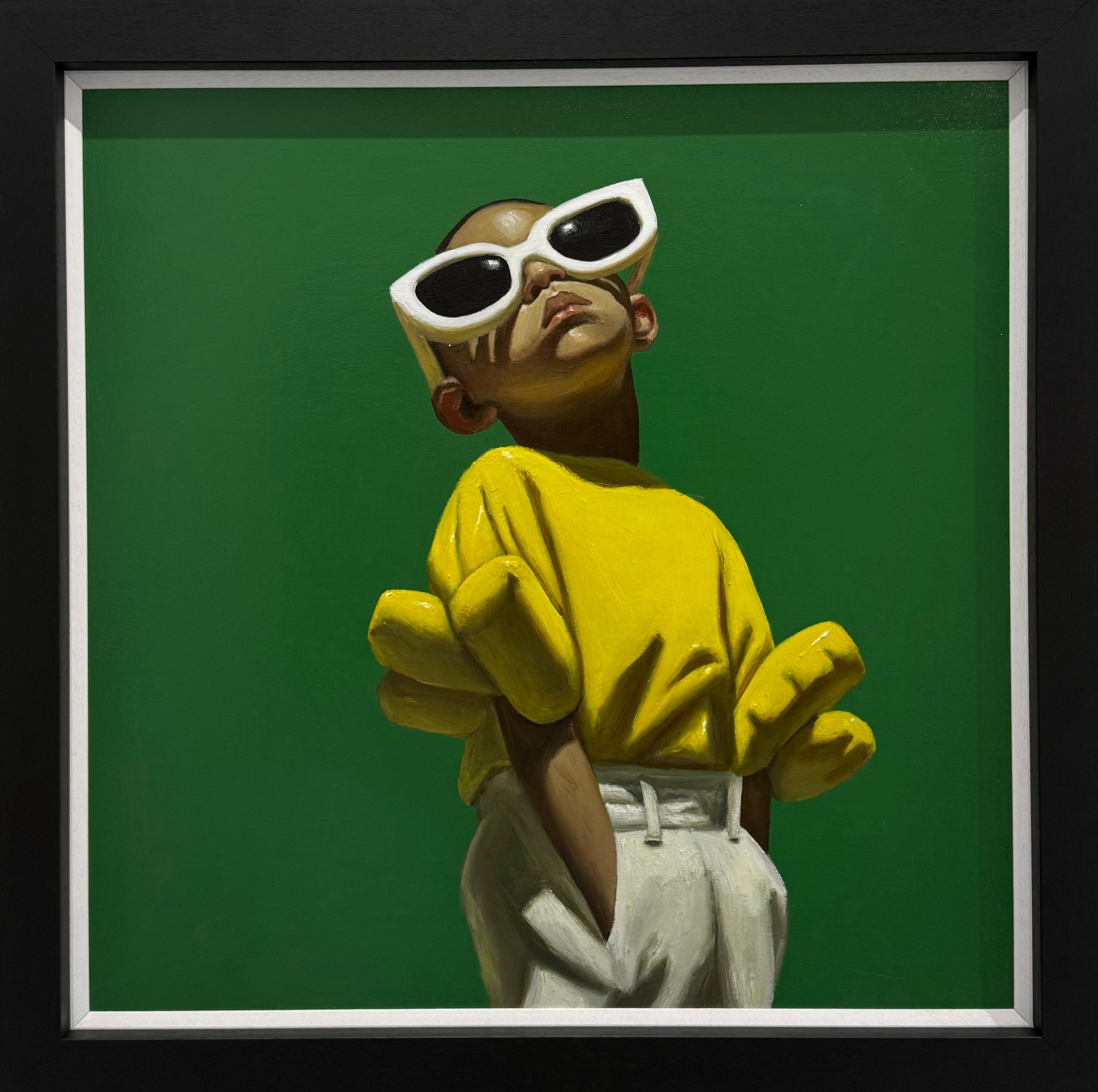 Painting of person wearing a yellow sweater and white pants with oversized sunglasses on a green background