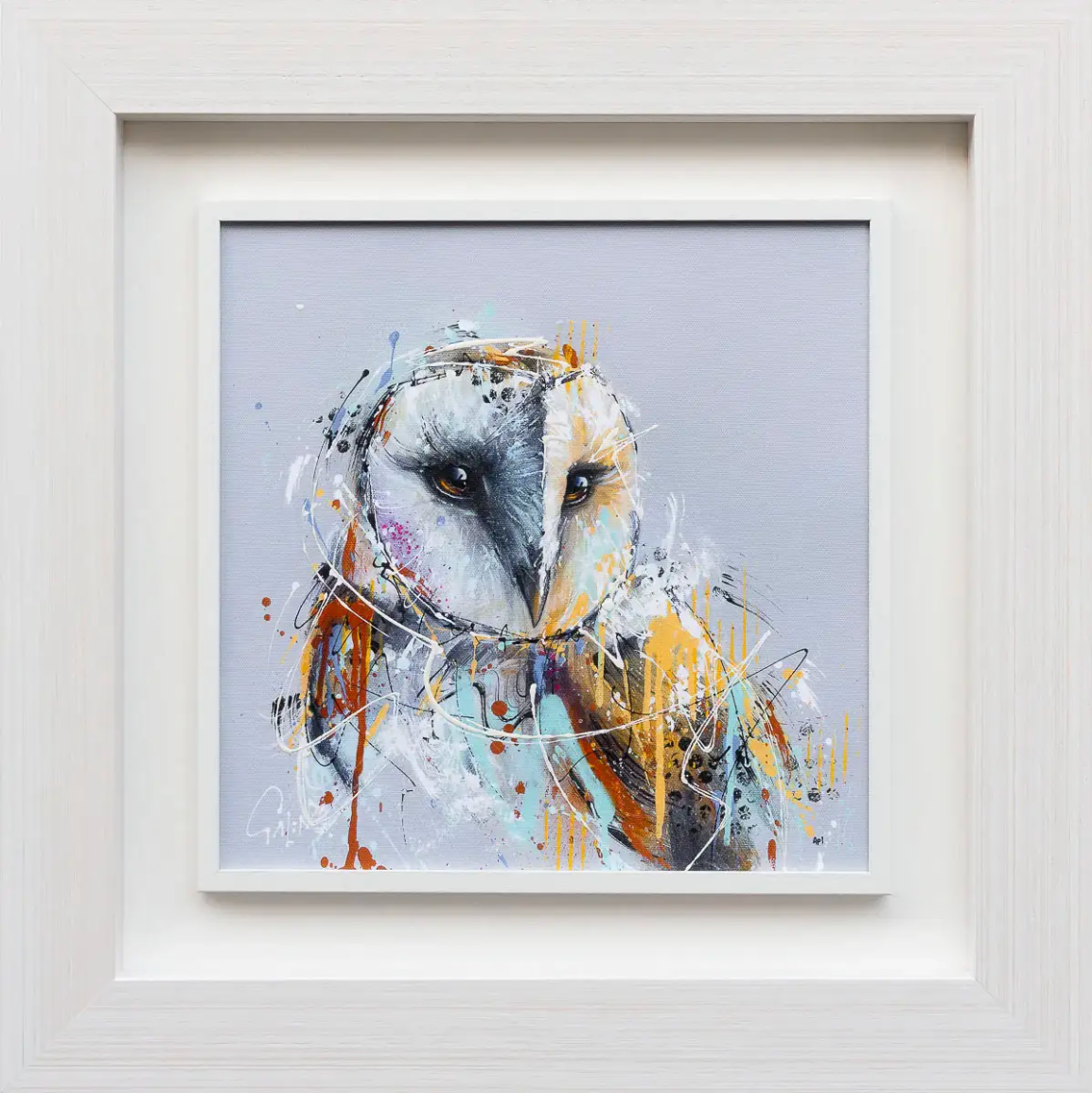 Framed artwork of a stylized owl on a light gray background