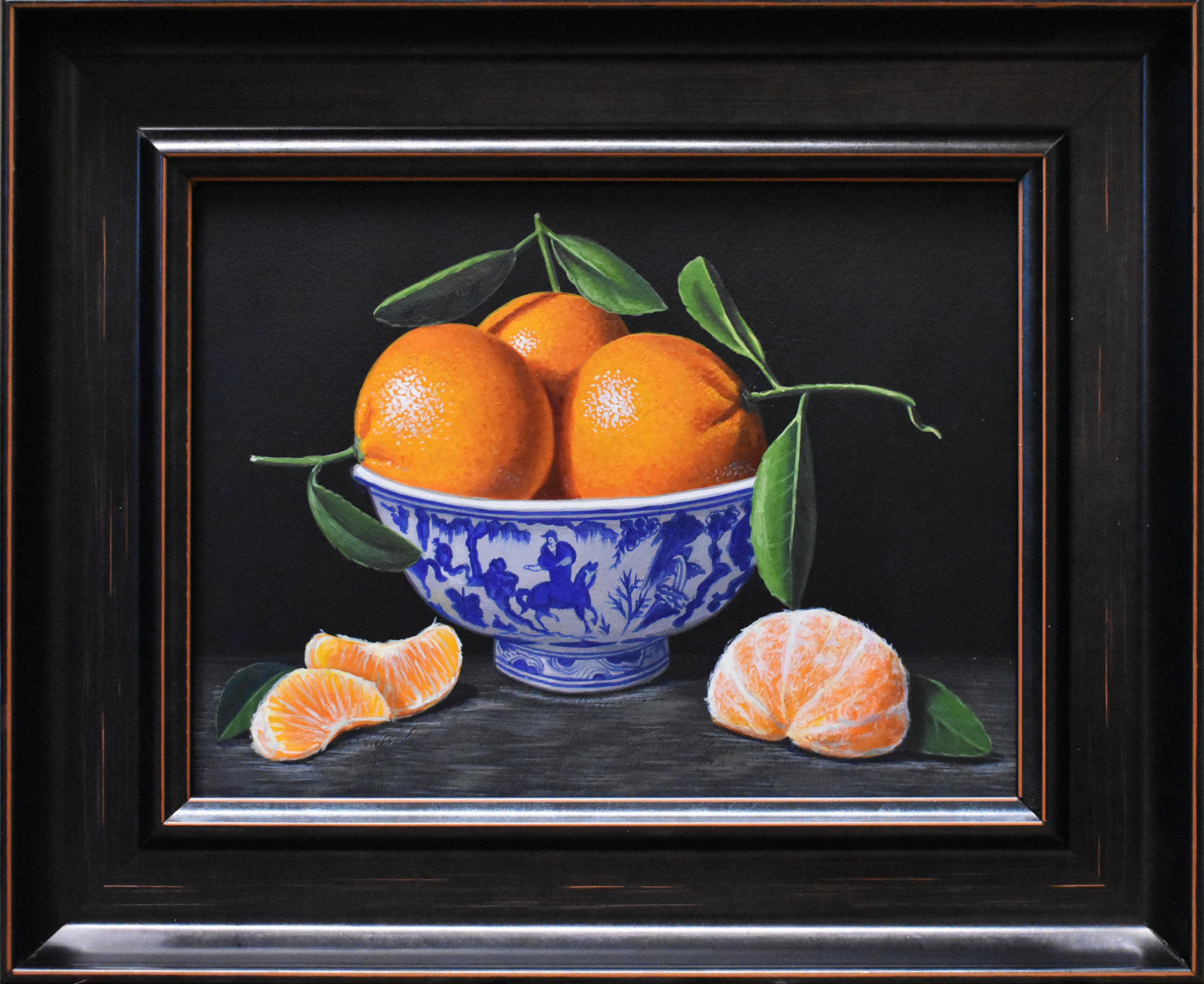 Still life painting of oranges in a blue and white bowl on a dark background