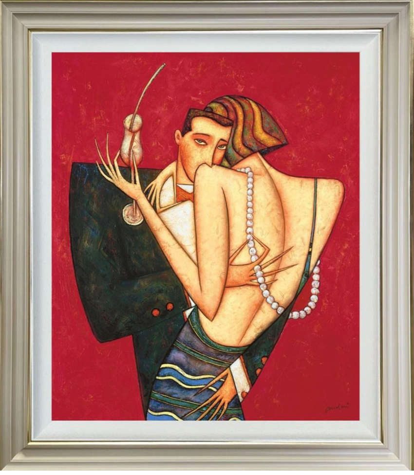 Framed artwork of a woman in a kimono with a red background