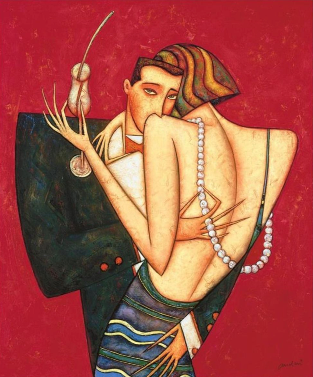 Artistic depiction of a couple embracing with a red background