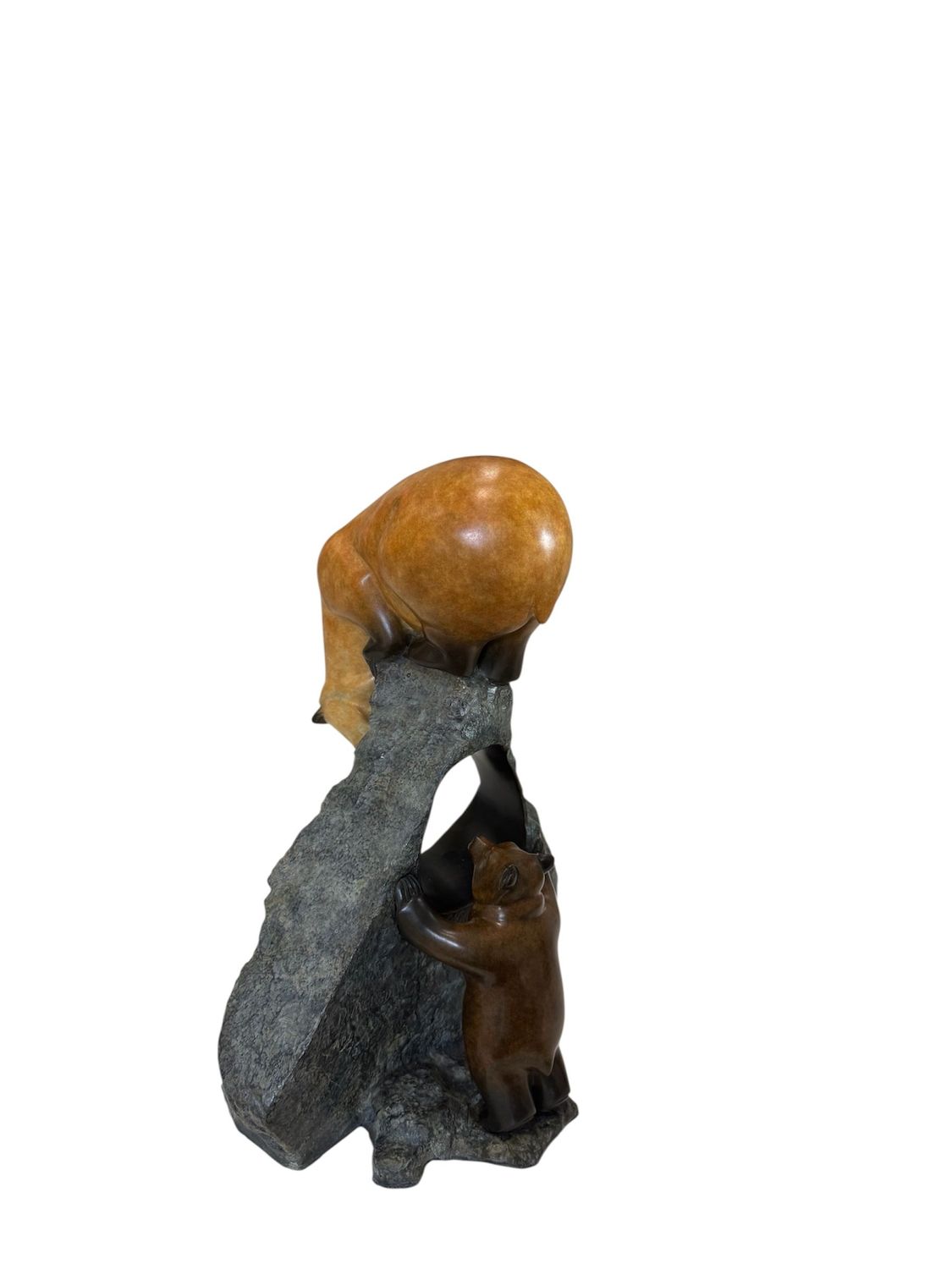 Decorative stone sculpture with a bear and cub on a white background