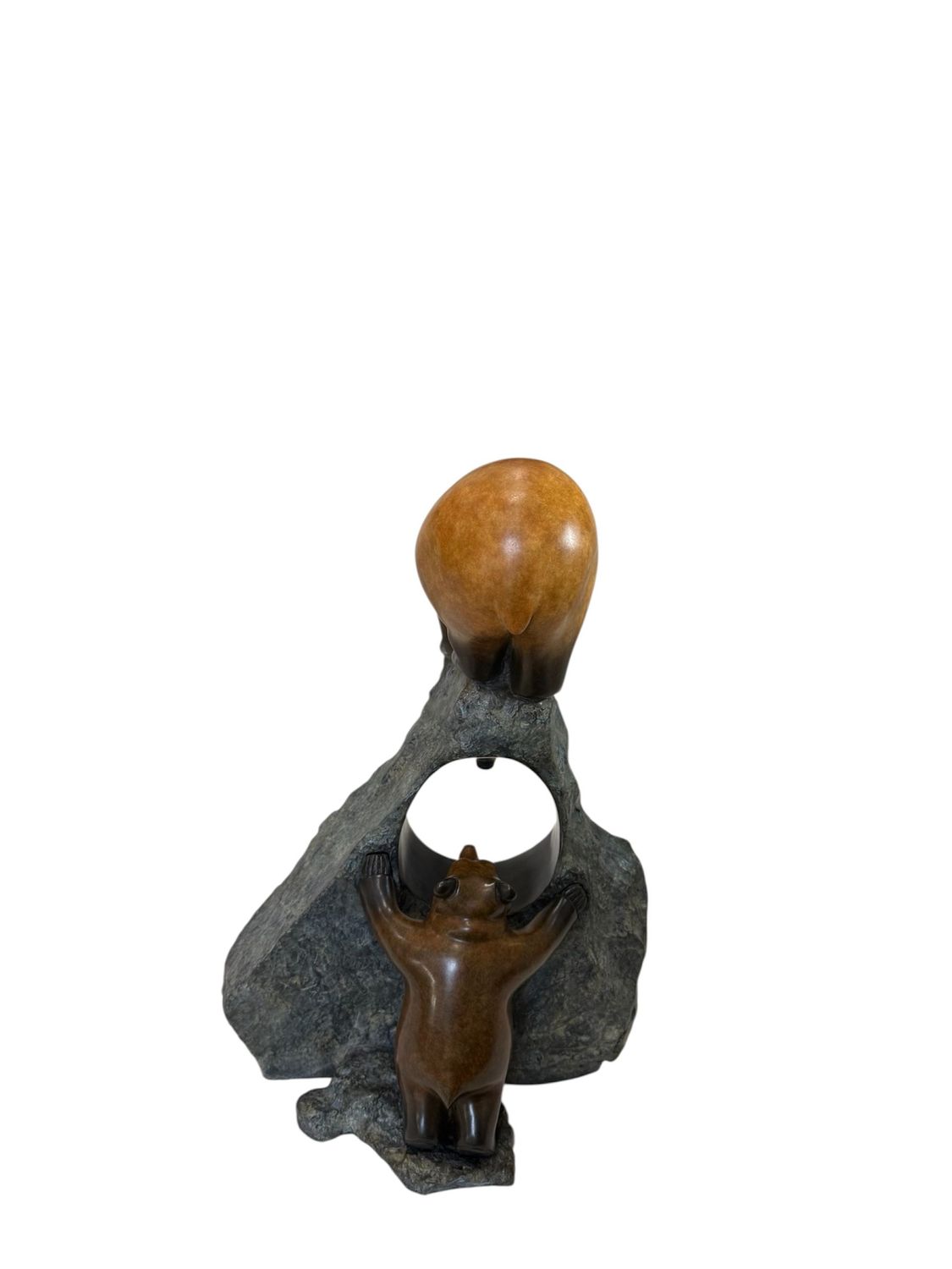 bronze bear on base with a small cub figure underneath on a white background