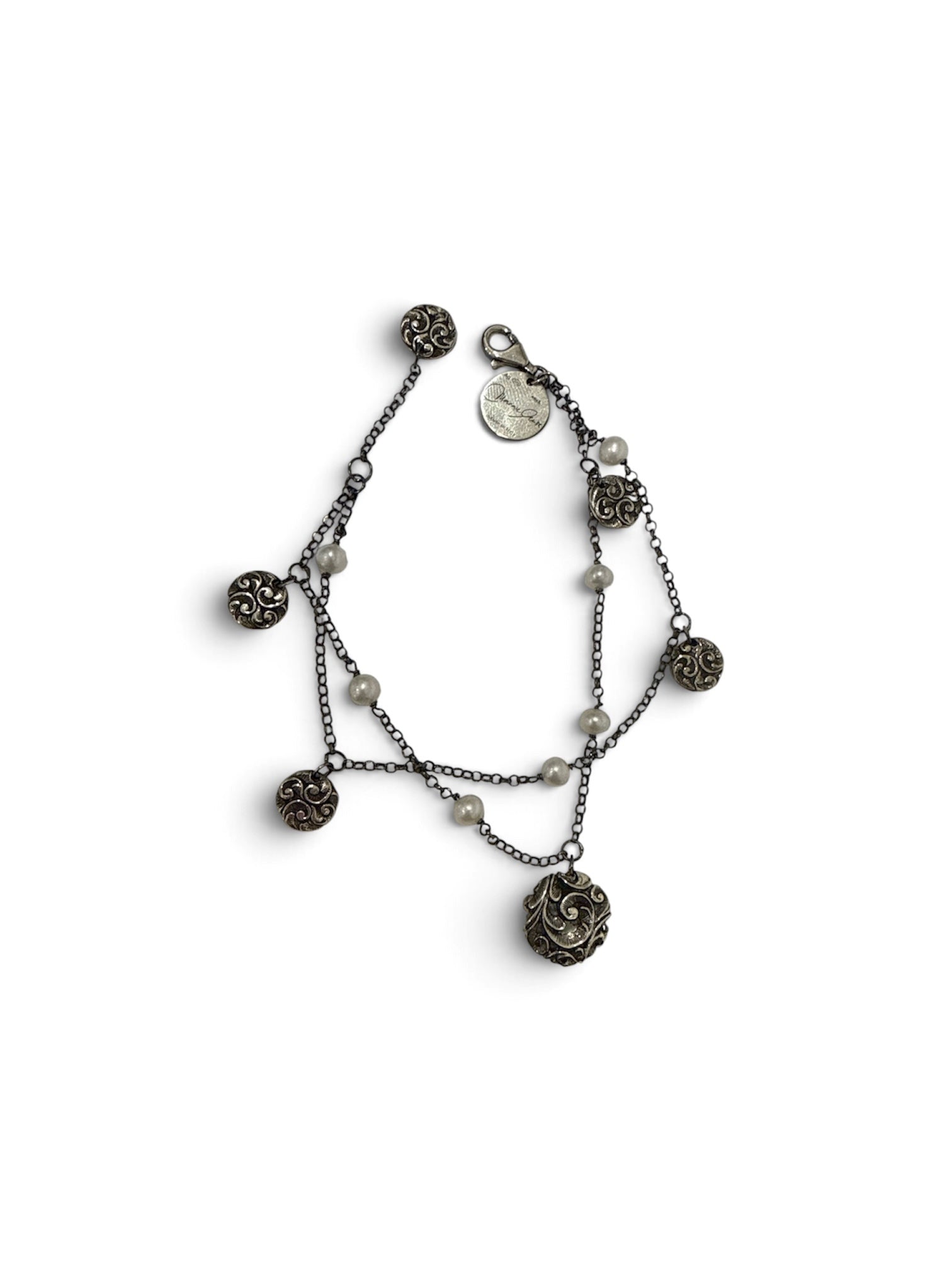 Maria e Luisa Burnished Silver Pearl & Charm Bracelet