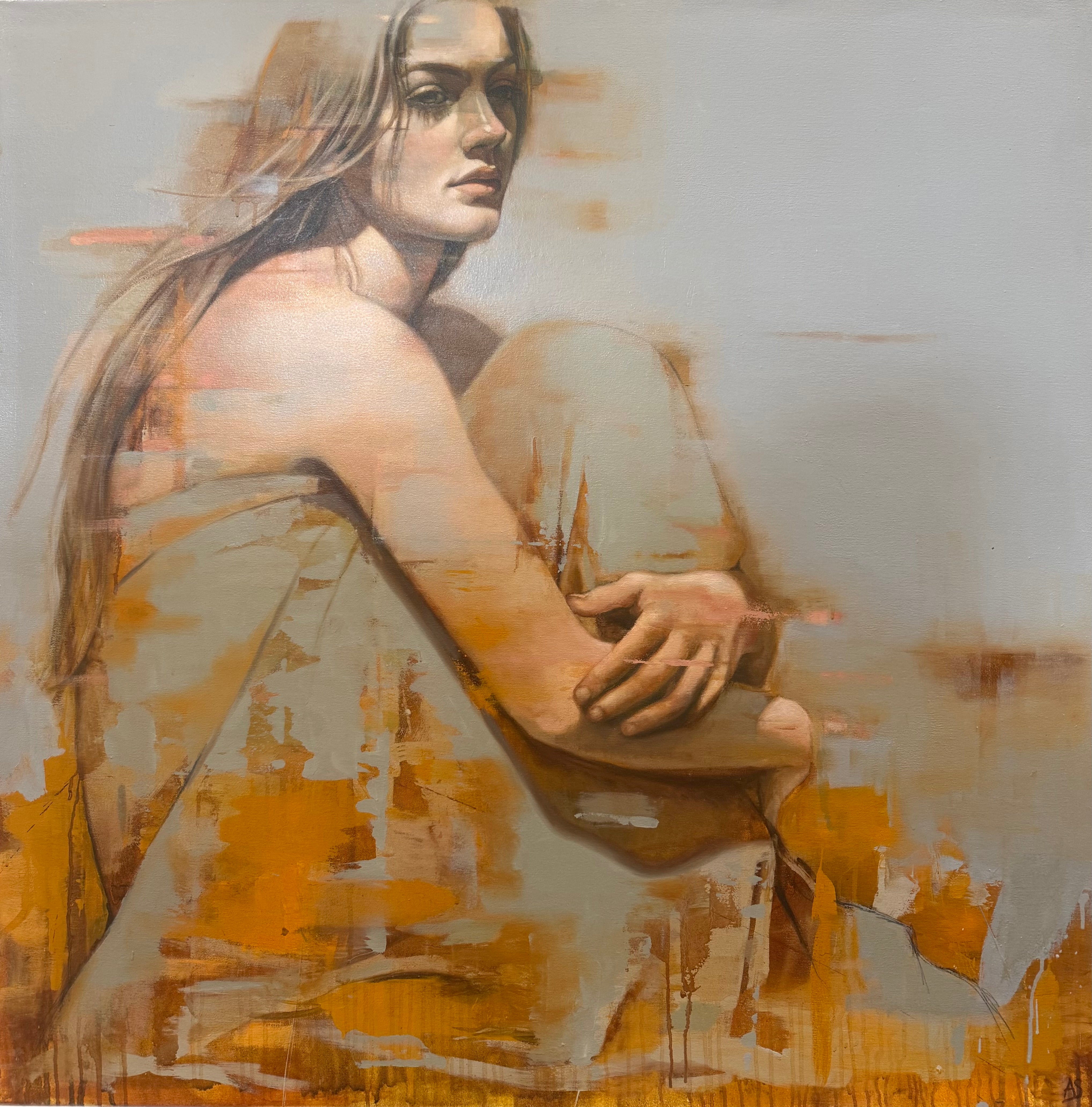 Artistic depiction of a person holding a guitar with abstract brushstrokes in brown and orange tones.