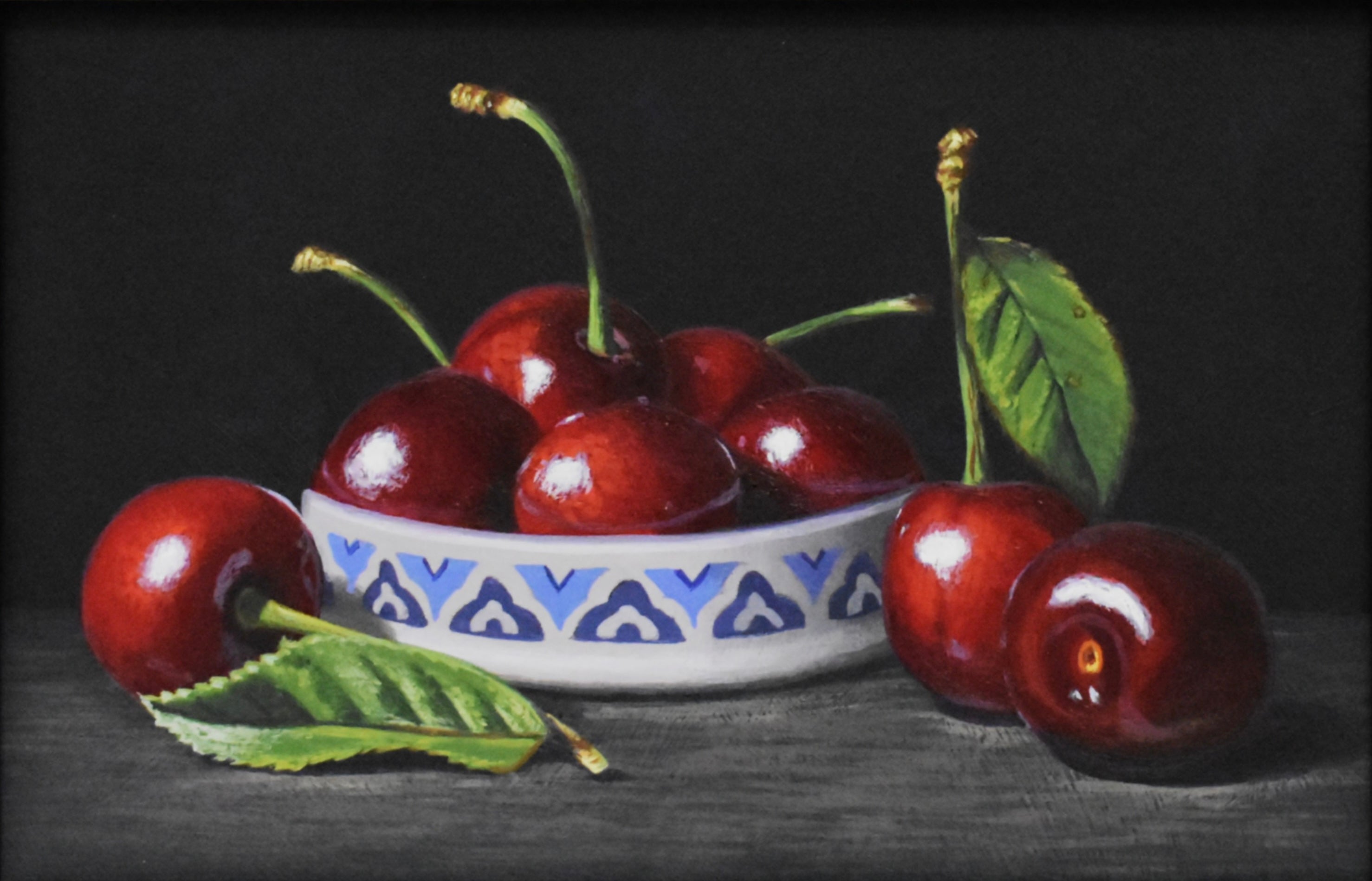 Still life painting of cherries in a bowl on a dark background