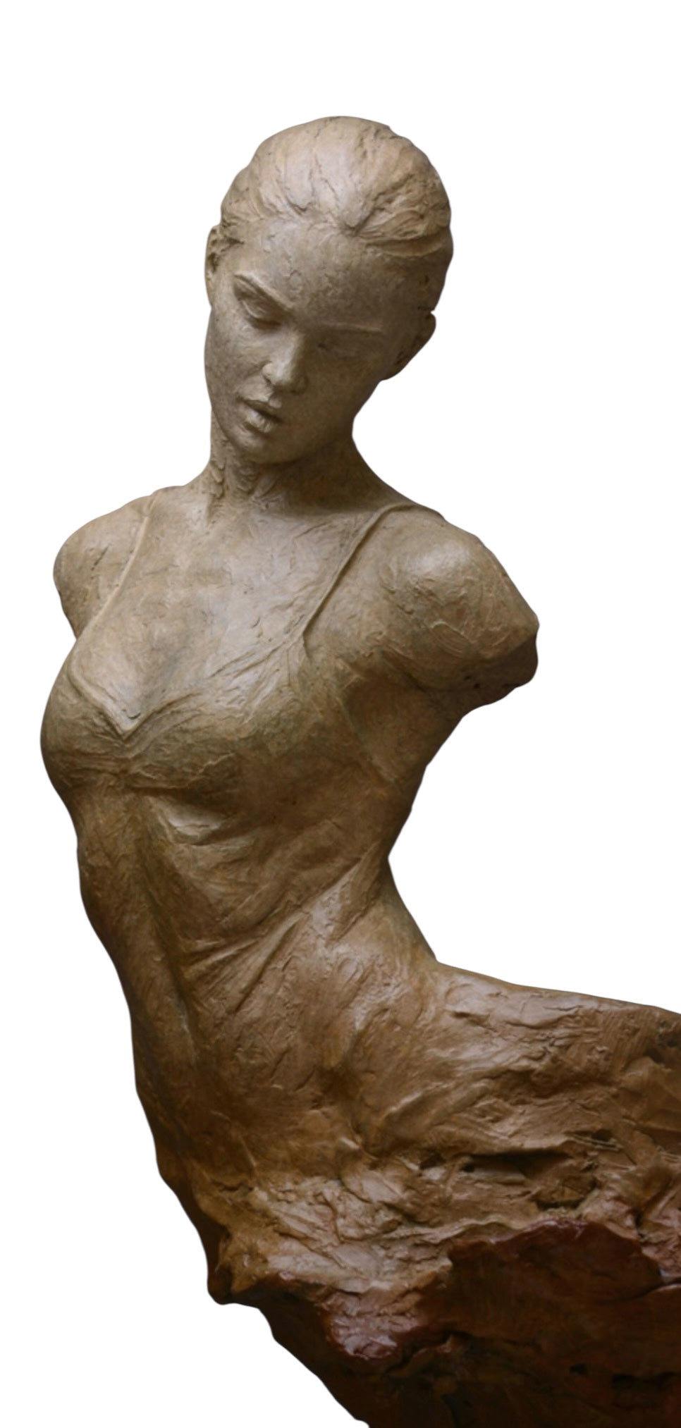 Bronze statue of a woman on a white background