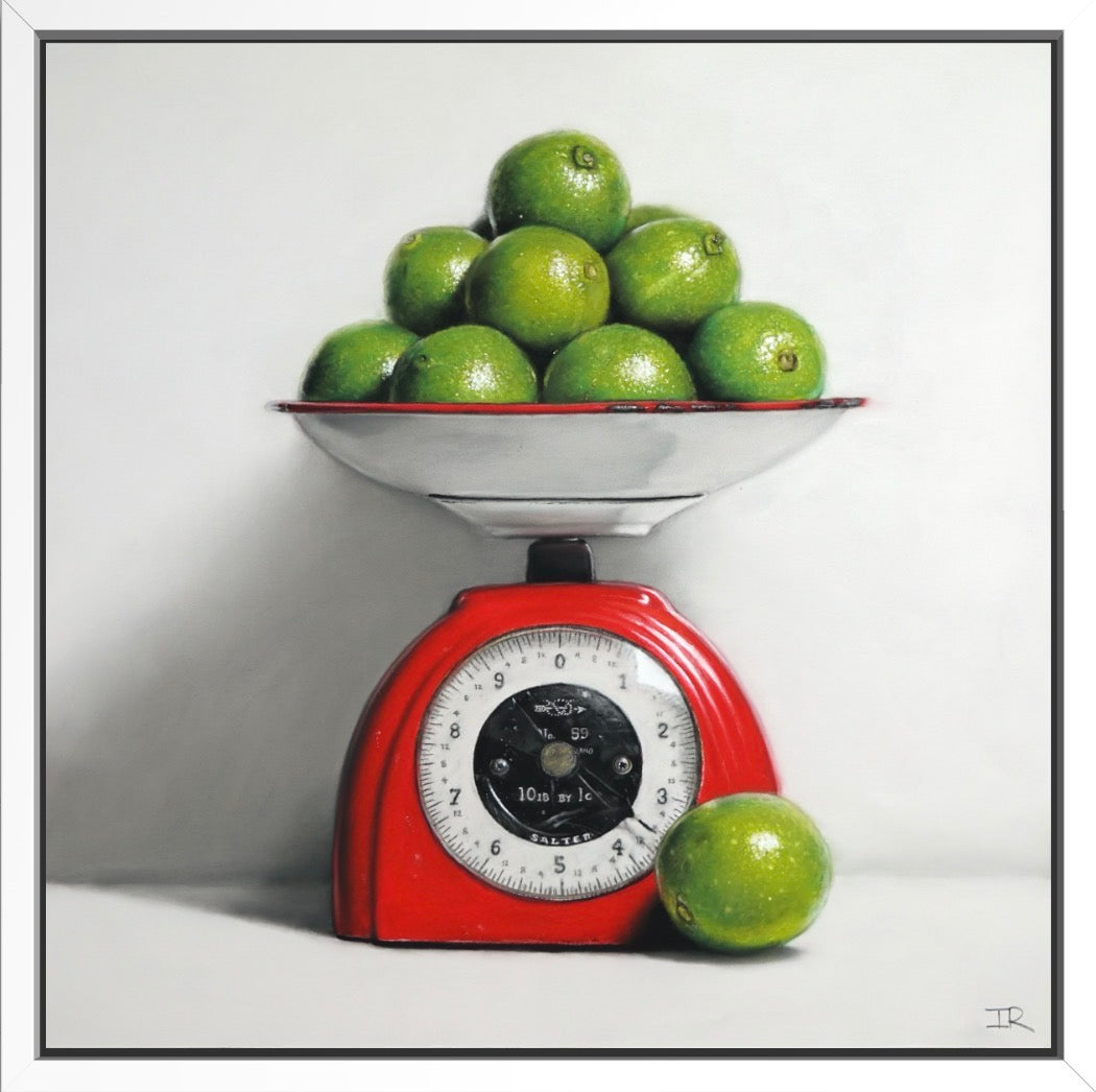 pastel drawing of Red vintage scale with green limes on a white background