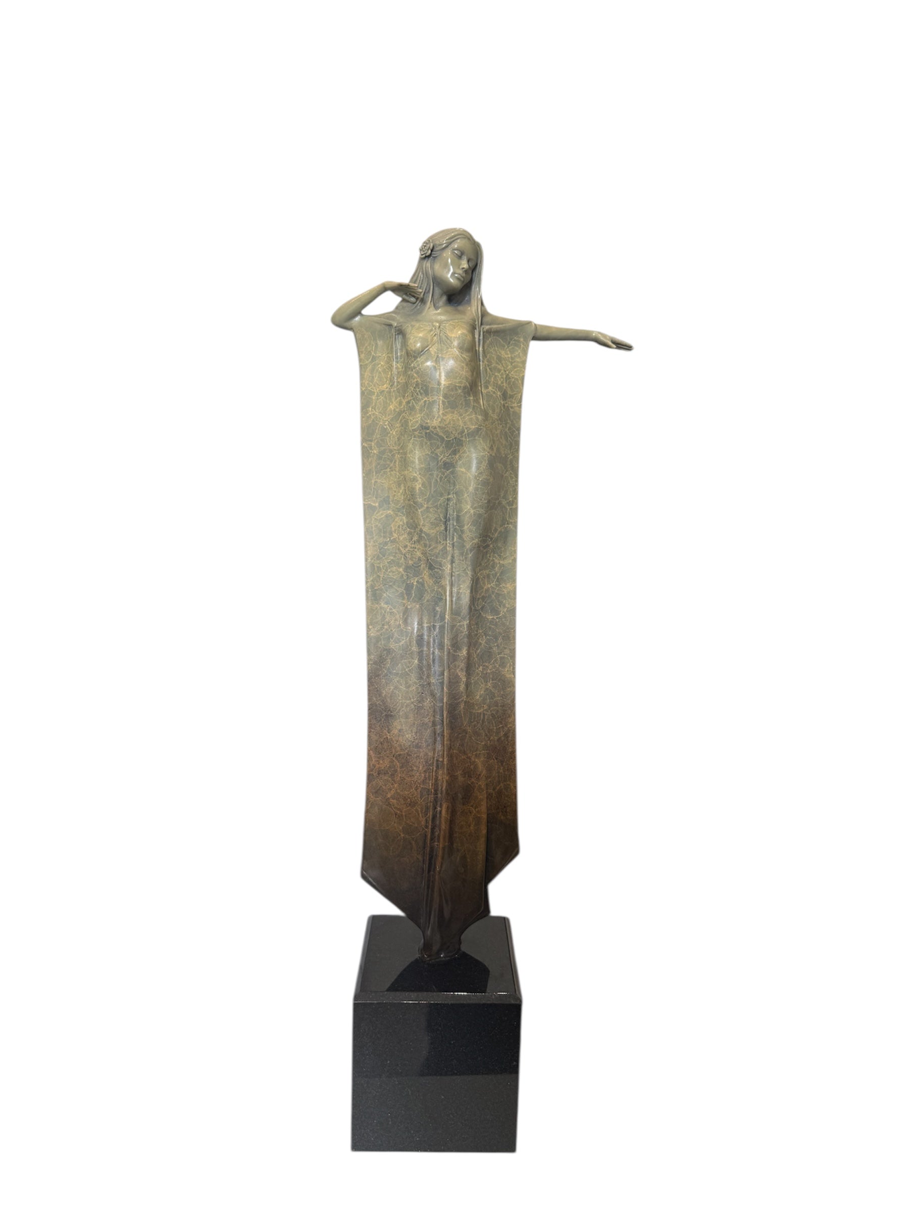 Bronze sculpture of a figure on a white background