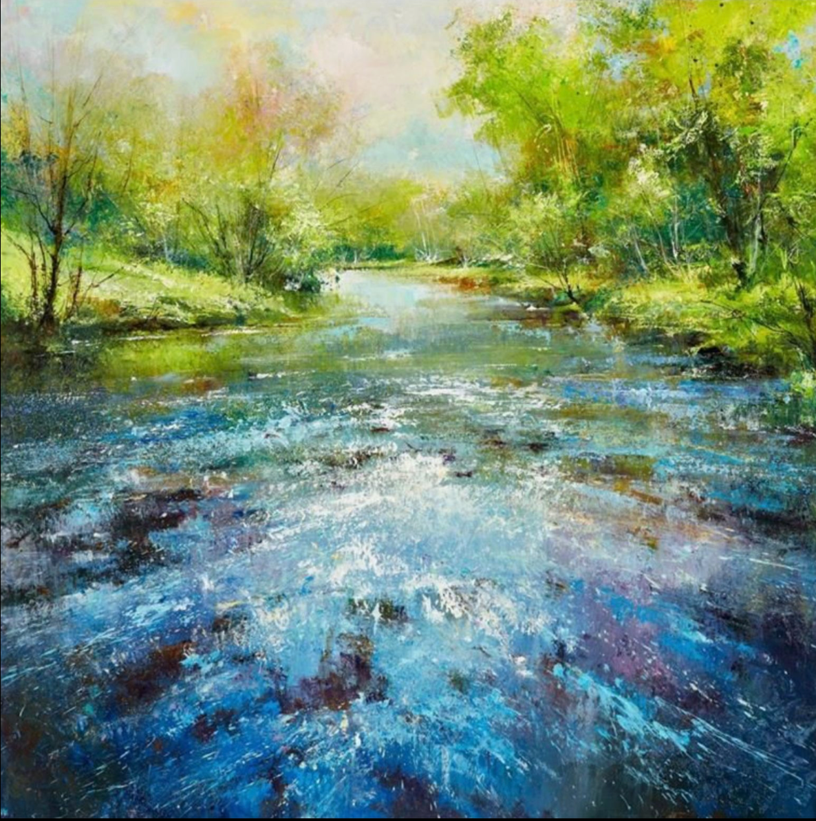 Painting of a serene river flowing through a forest