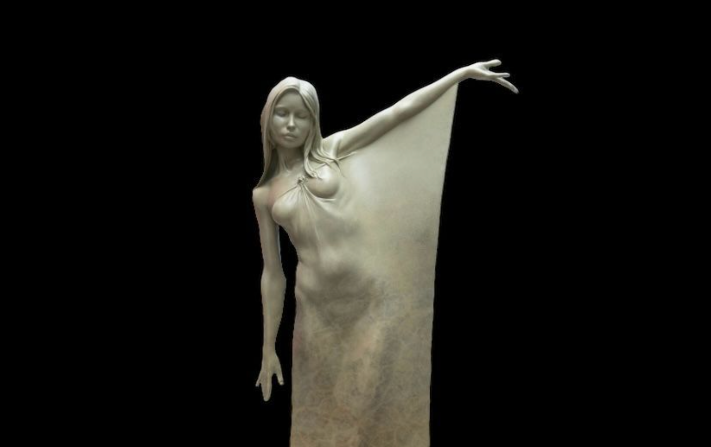Statue of a woman with outstretched arms on a black background
