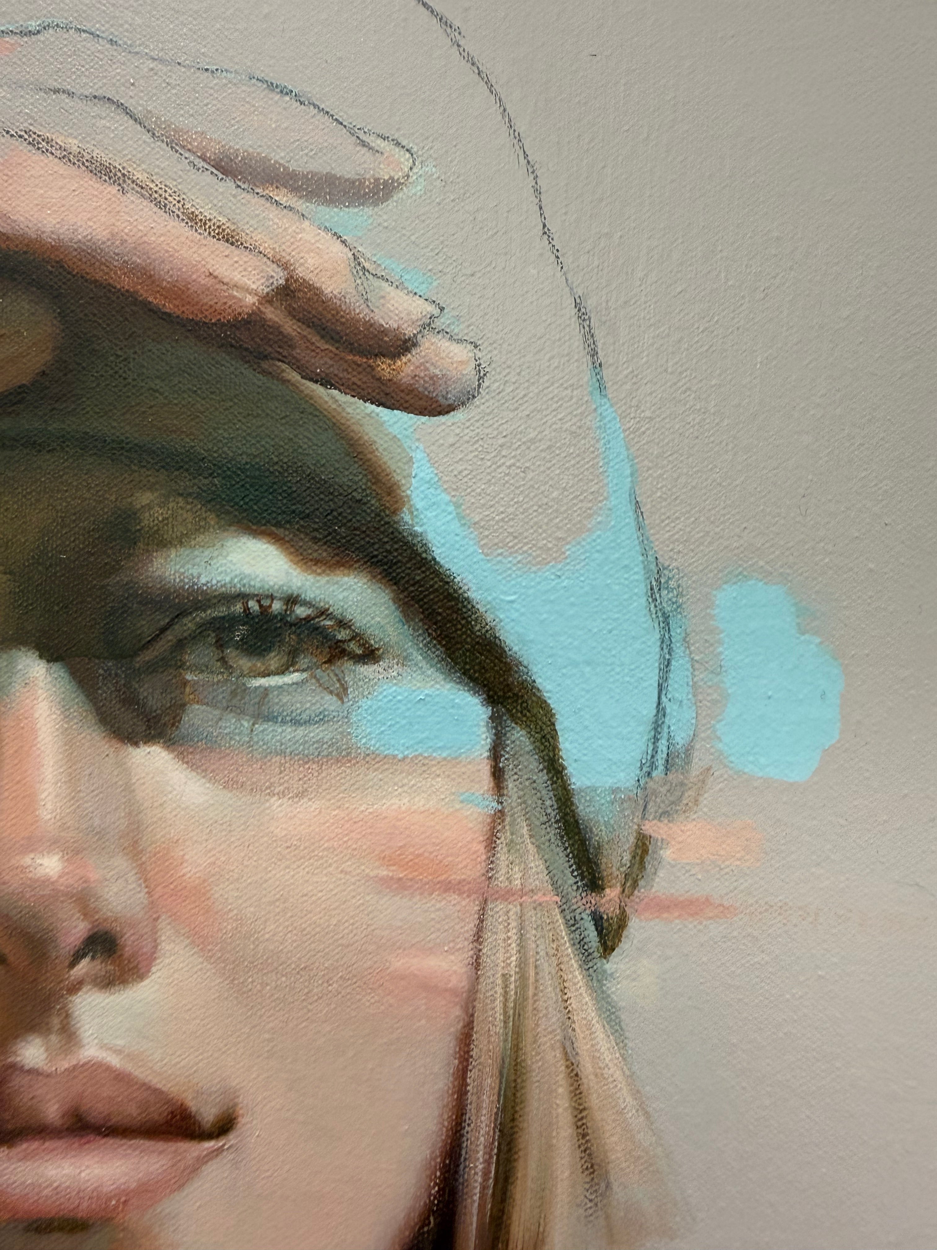 Shades of blue close up of detail hands and right side of face in oils. Female face marks of blue on neutral tones. 