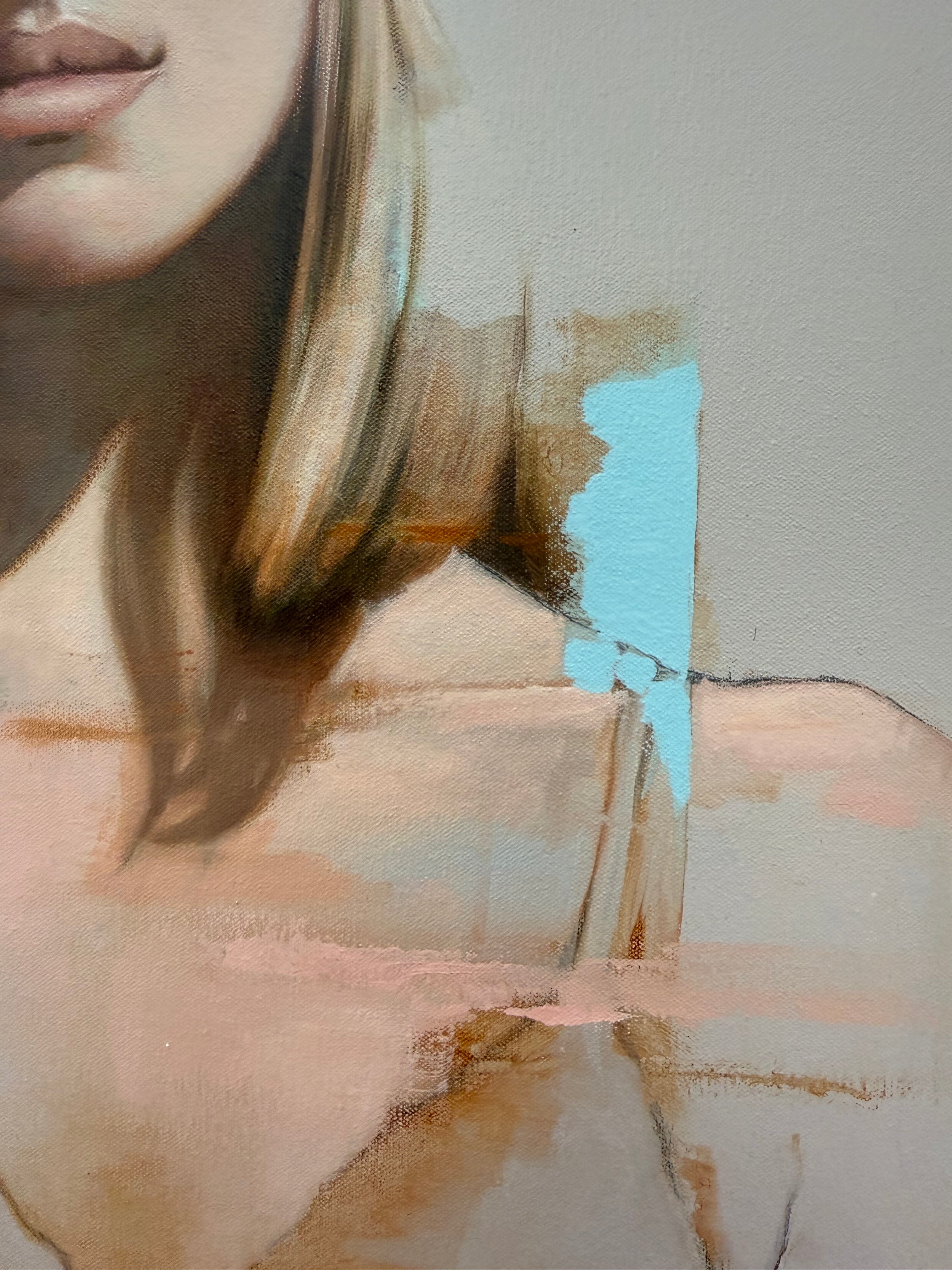 Shades of Blue figurative painting close up of part of the female face showing contemporary blue marks and hair with subtle detail of lips