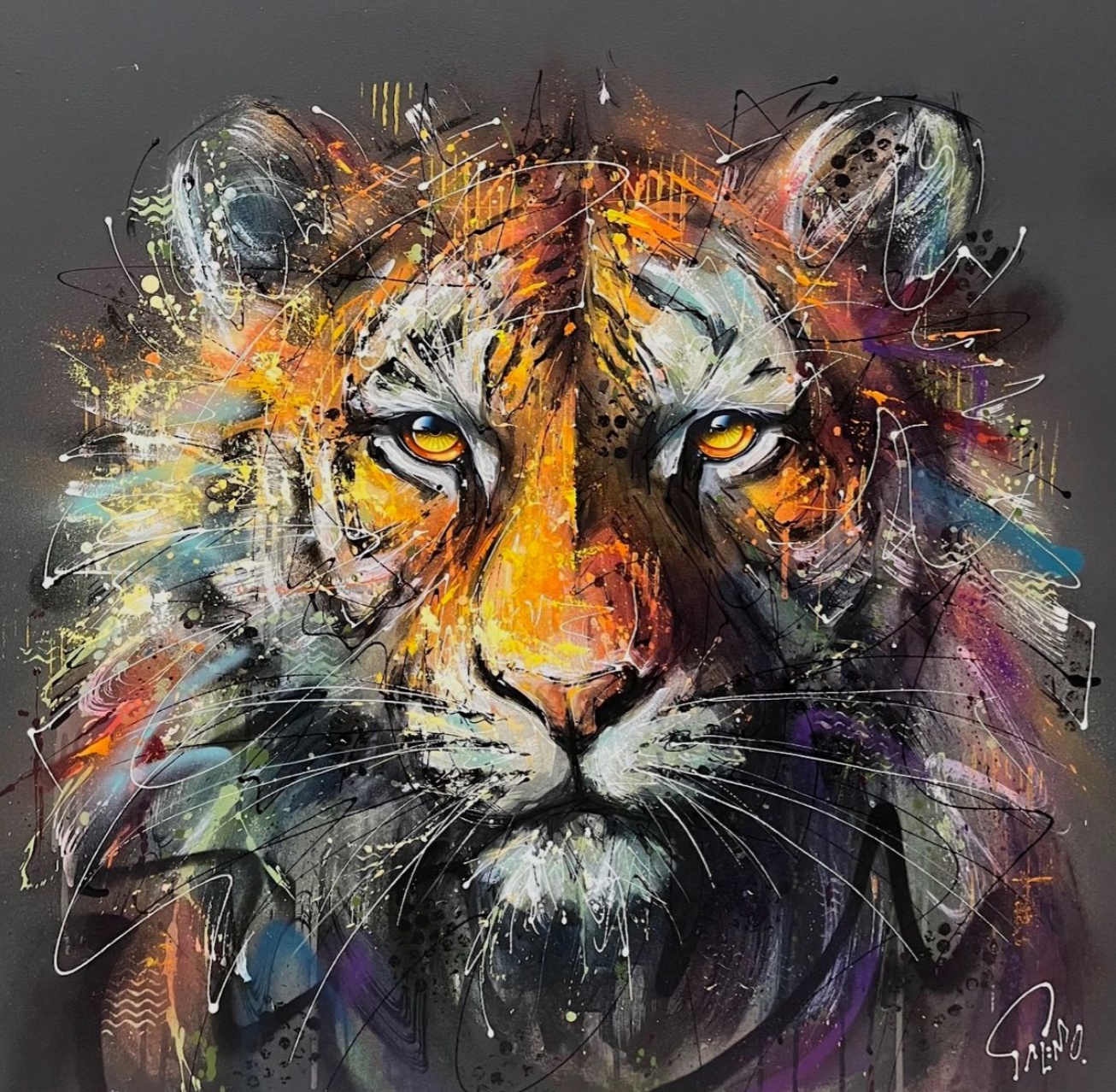 Colorful abstract painting of a tiger's face on a dark background