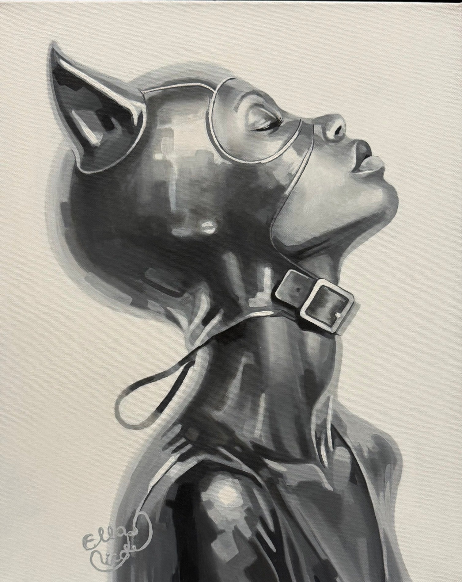 Black and white illustration of a woman in cat woman mask with a collar on a plain background