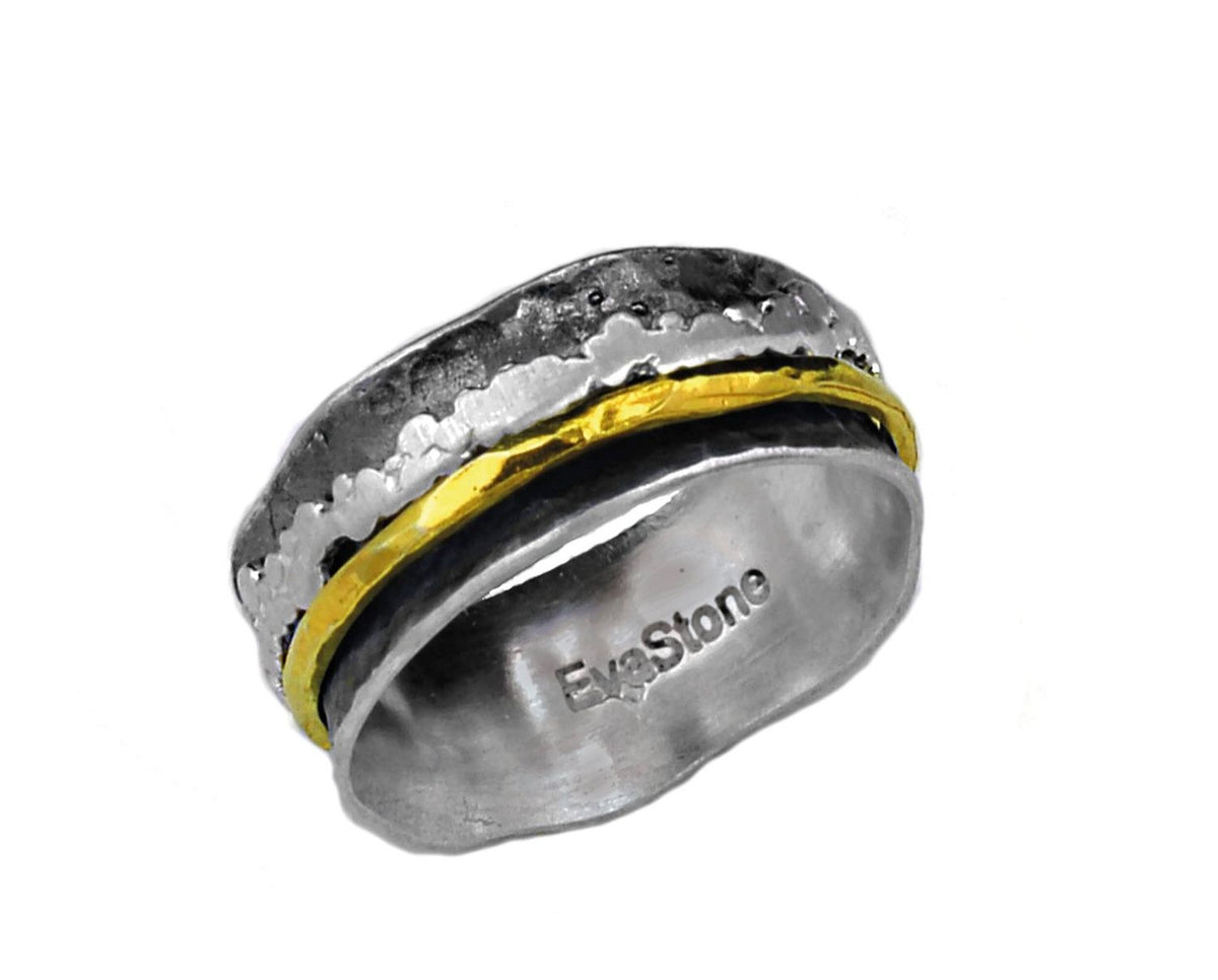Silver ring with gold accent and 'EveStone' branding on a white background