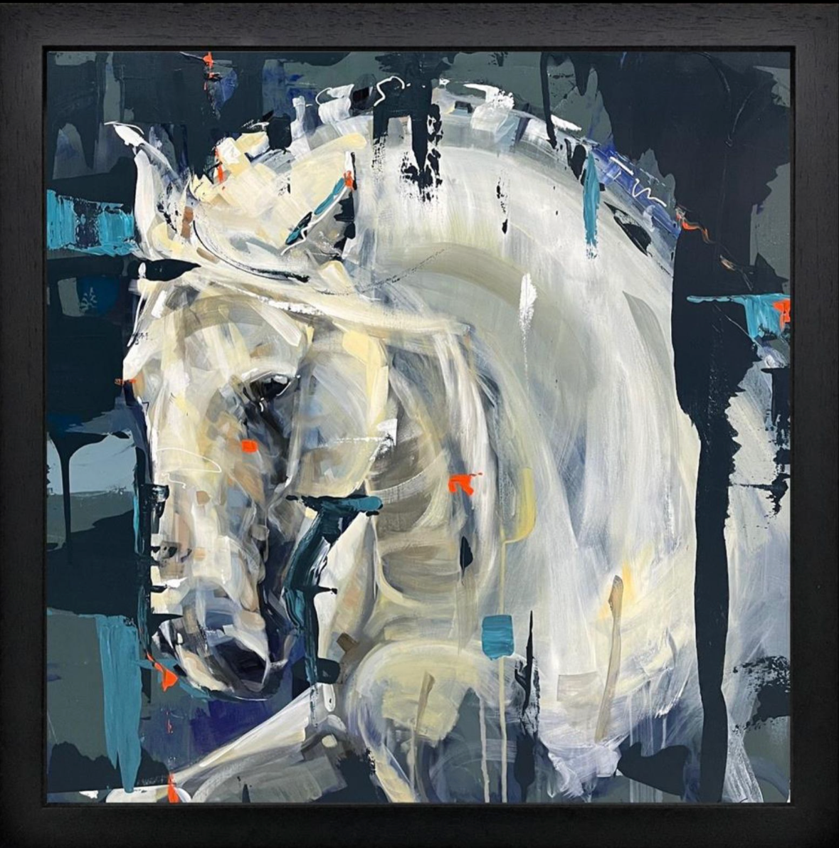 Abstract painting of a horse with a dark frame