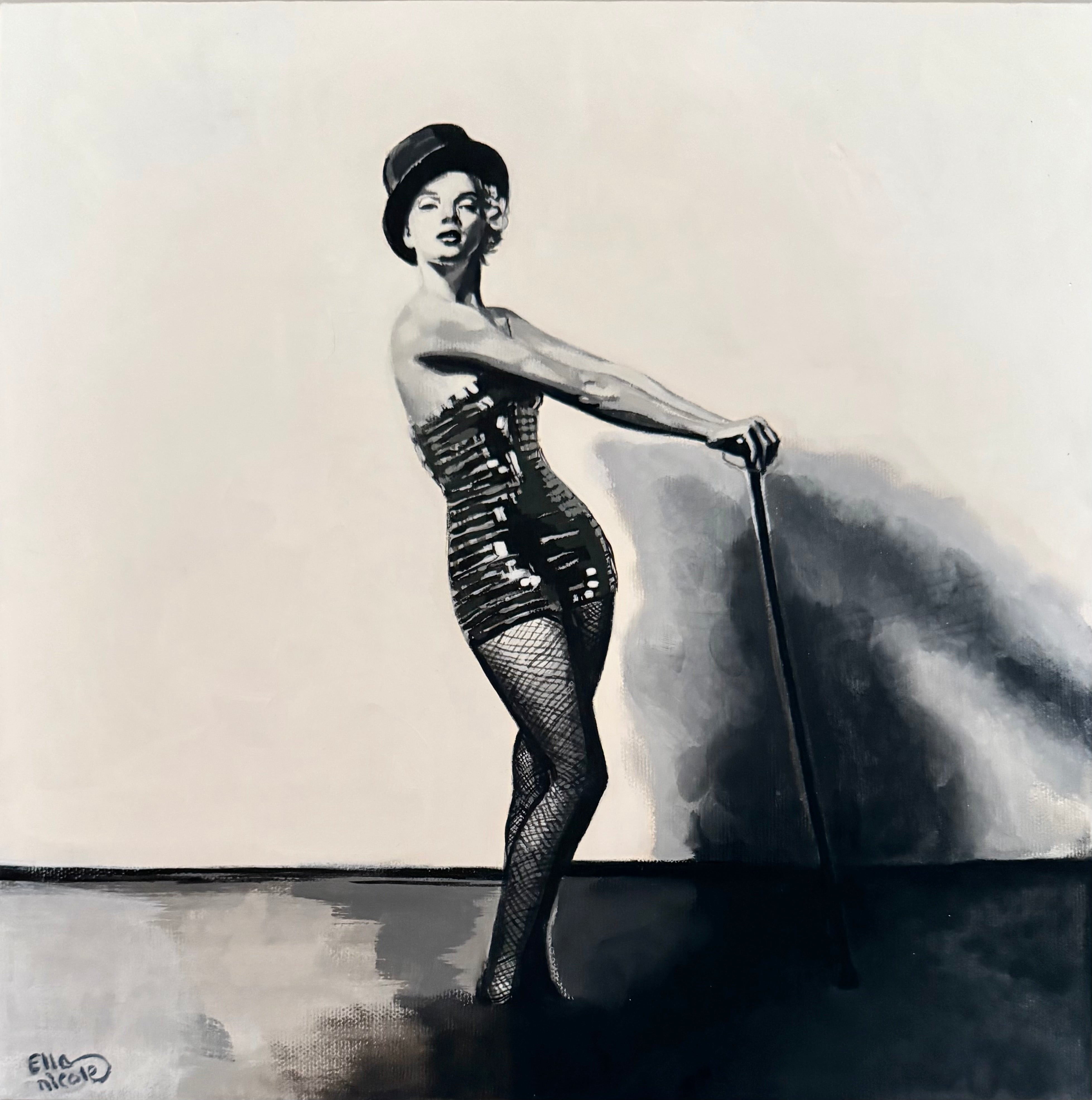 An original painting of Marlyn Monroe in a monochrome pallet wearing a top hat sparkly clothing holding and leaning on a cane stick. 