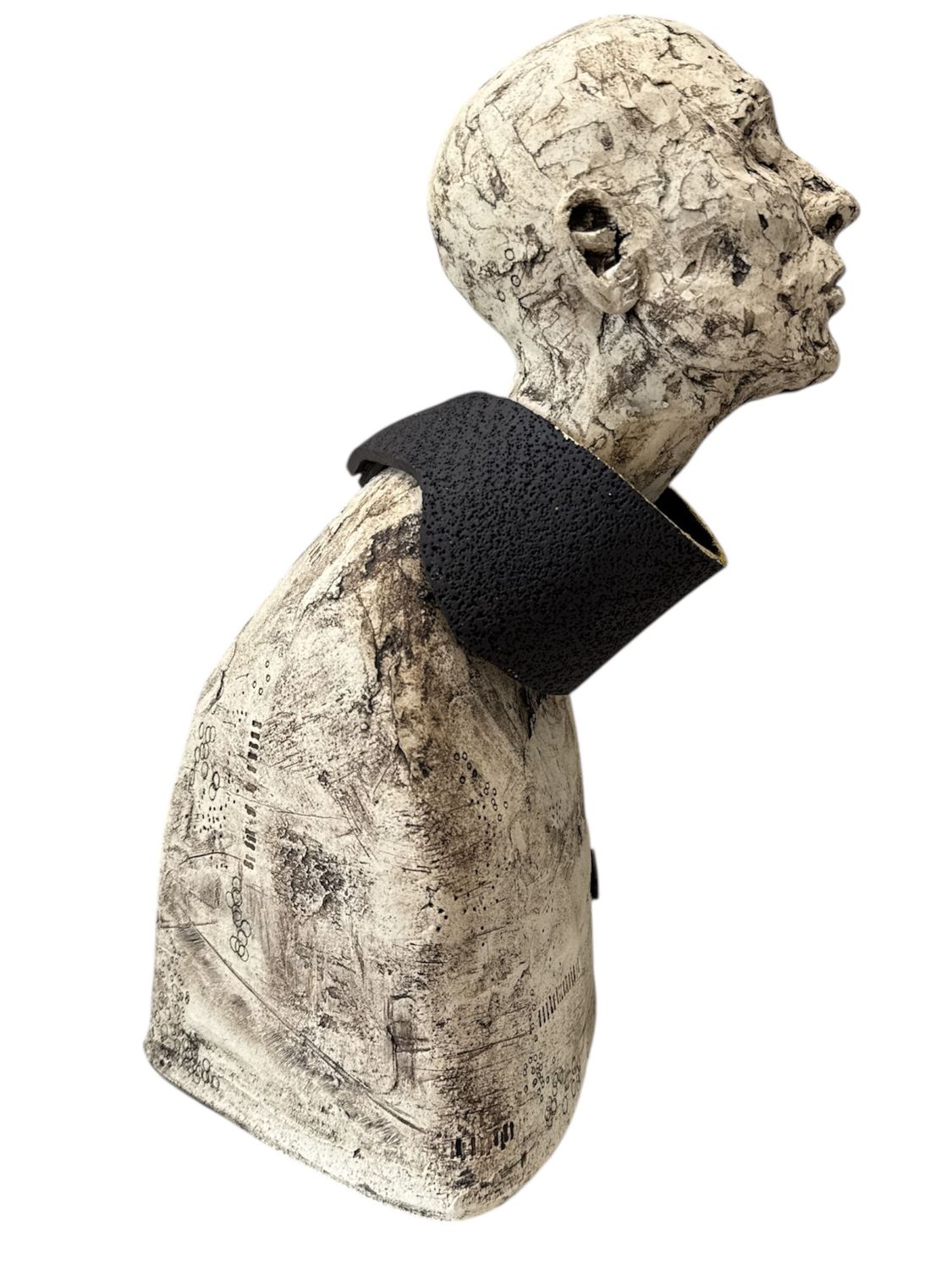 ceramic sculpture of a bust with a black band around the neck on a white background