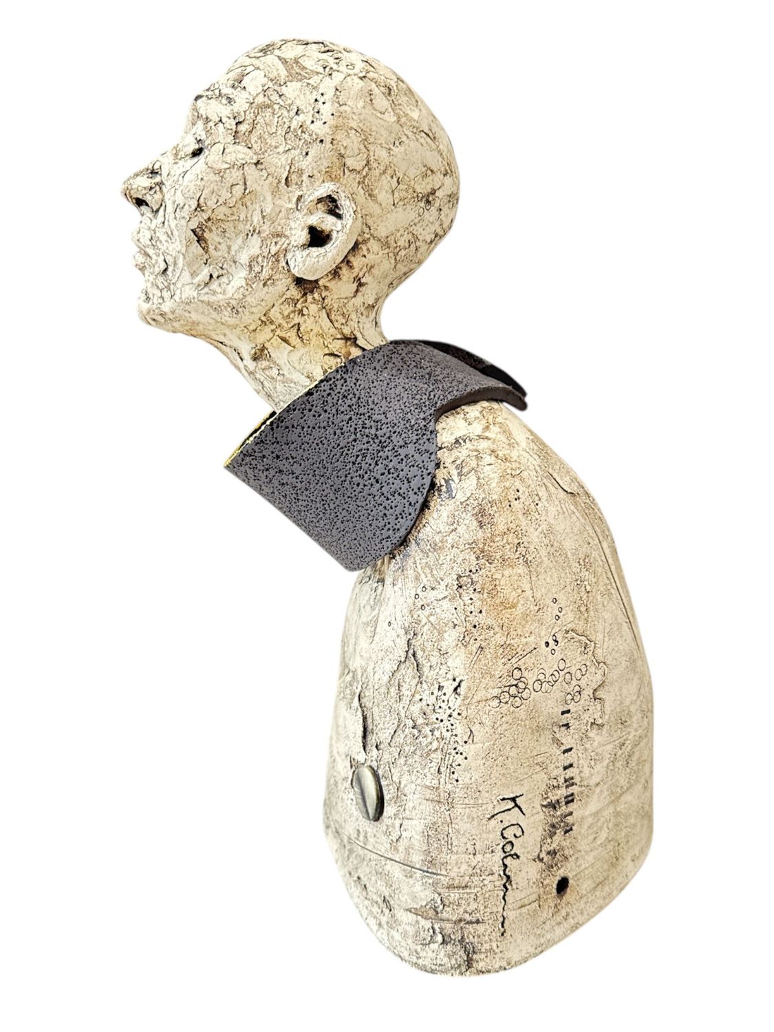 Decorative figure with a textured surface and gray collar on a white background