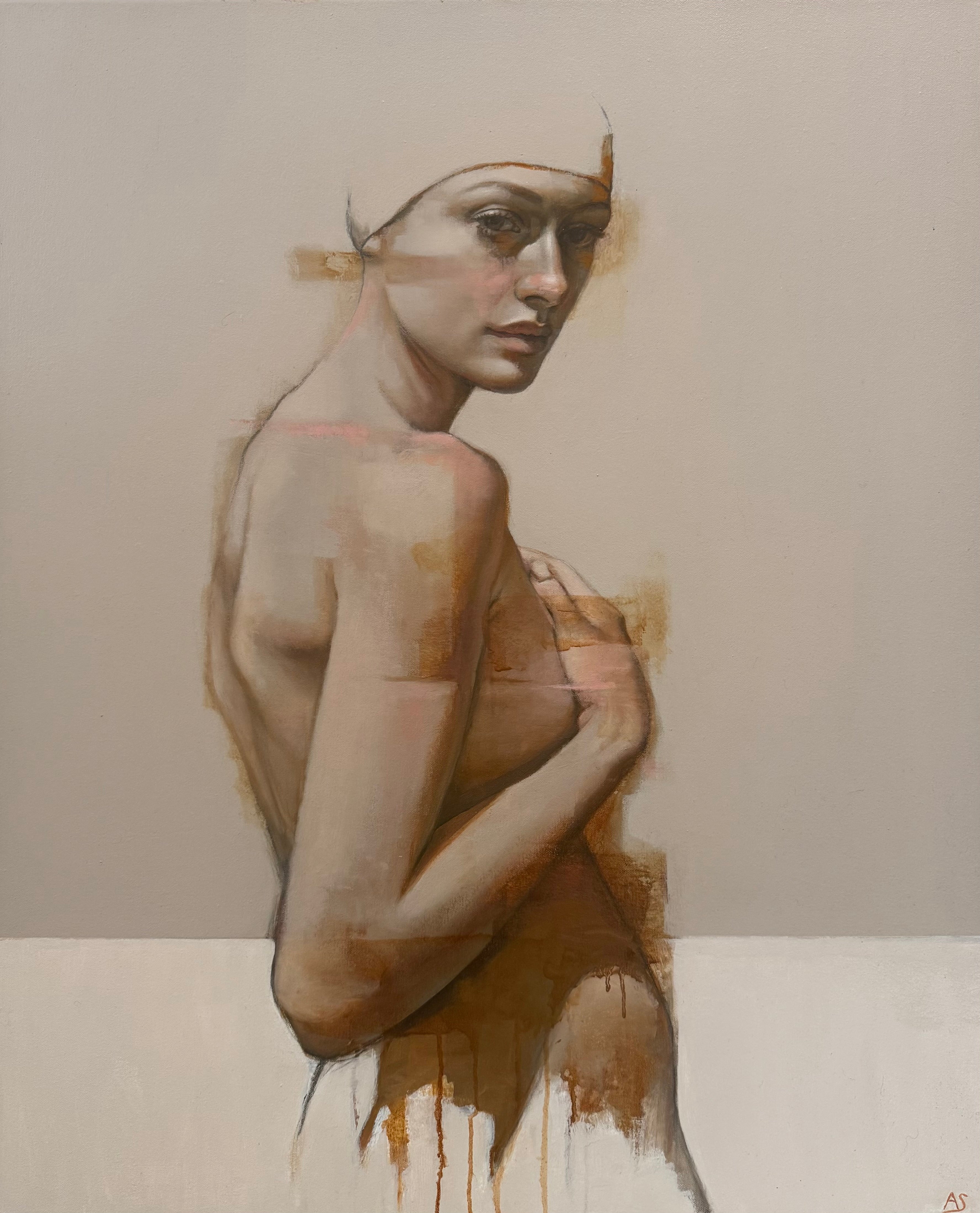 Artistic depiction of a nude figure with abstract elements on a plain background