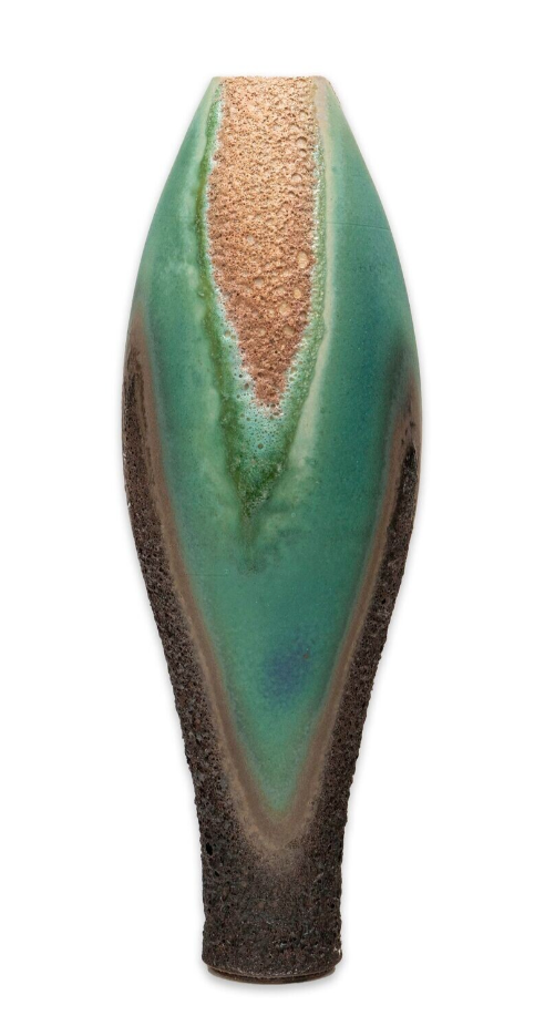 Ceramic vase with gradient color from brown to green on a white background