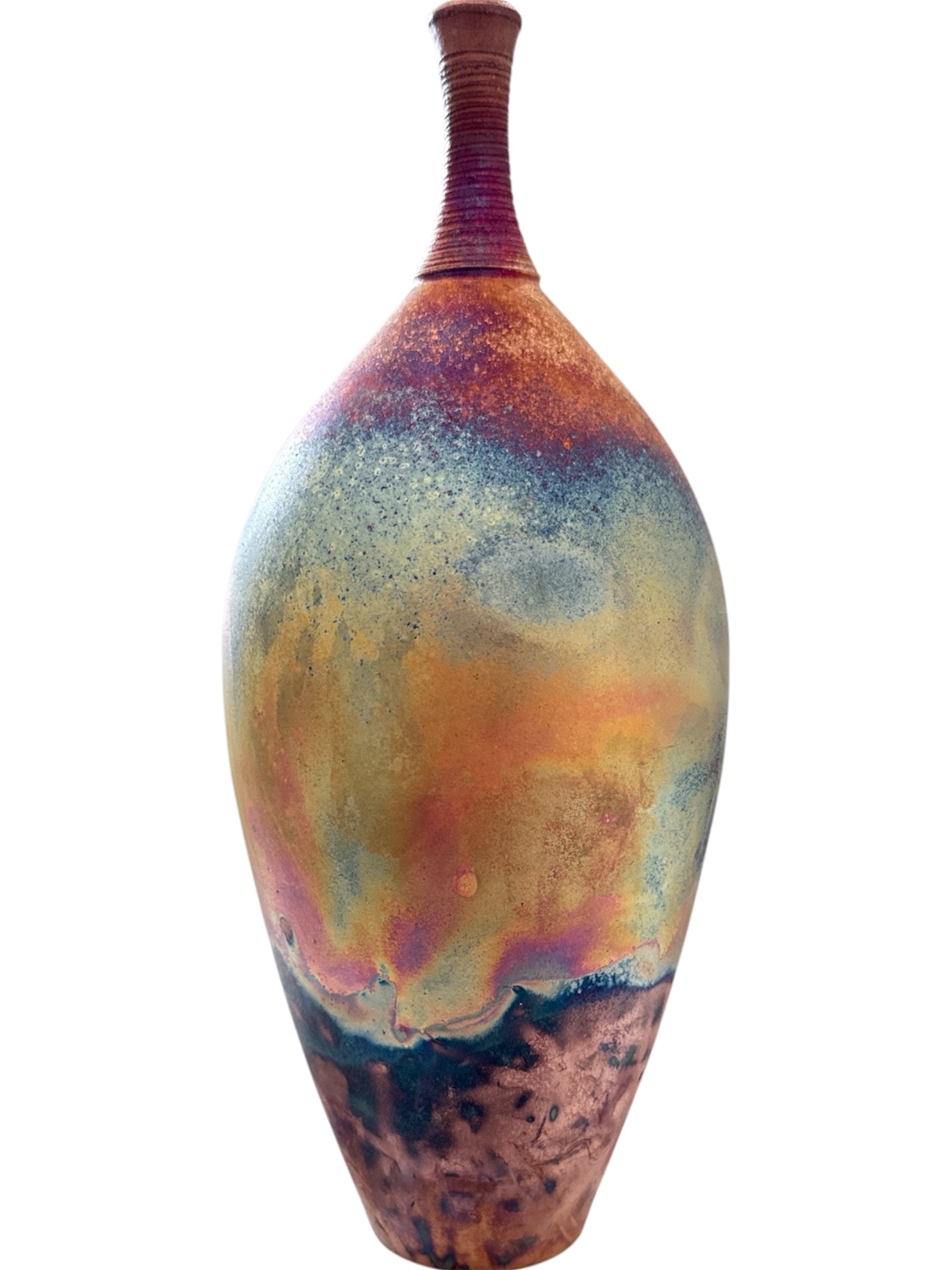 Tall Raku Ceramic Vessel with Decorative Neck