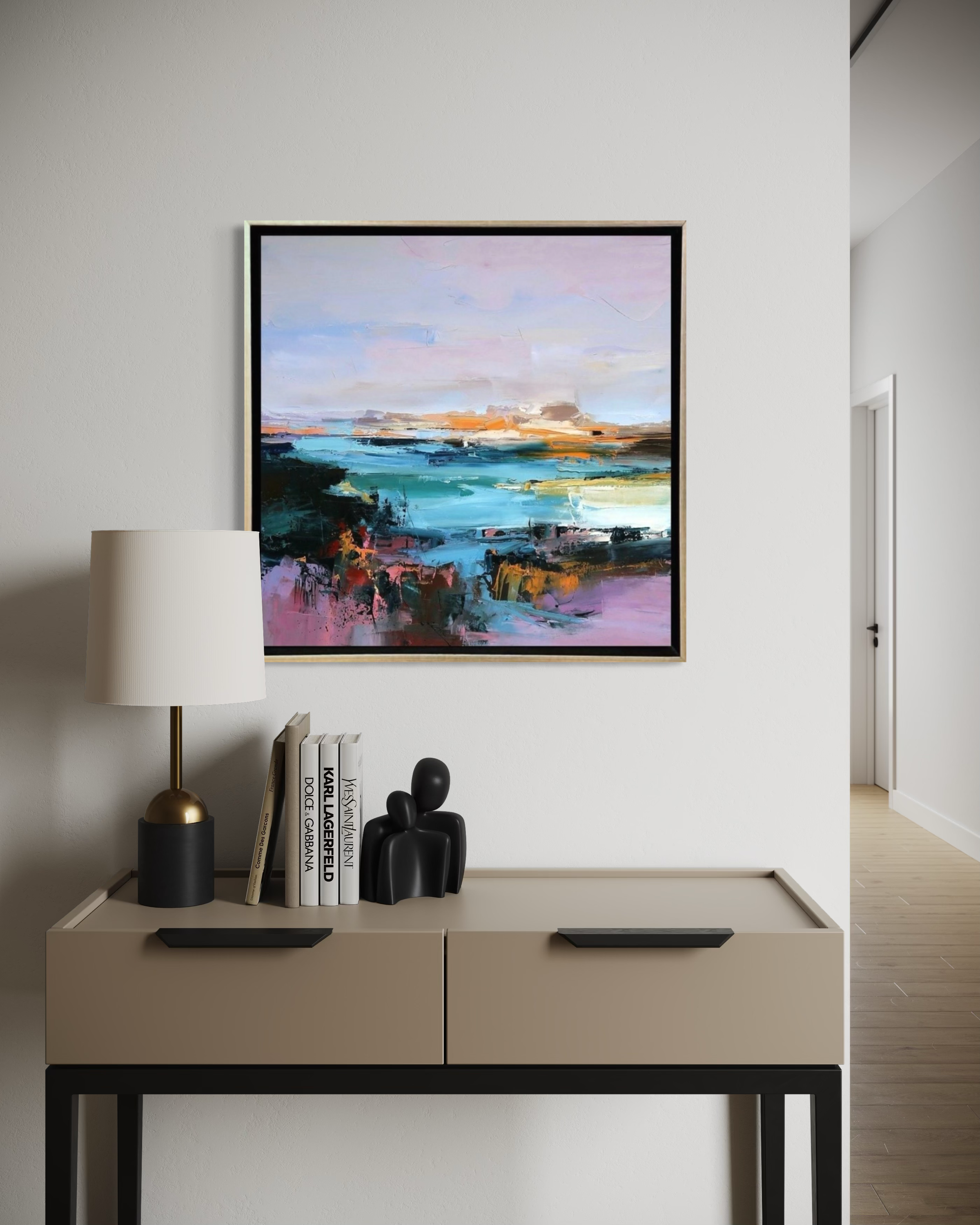 Modern interior with a desk and abstract painting on the wall