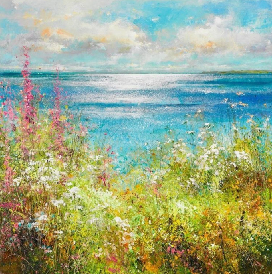 Painting of a coastal scene with wildflowers and a blue sky.