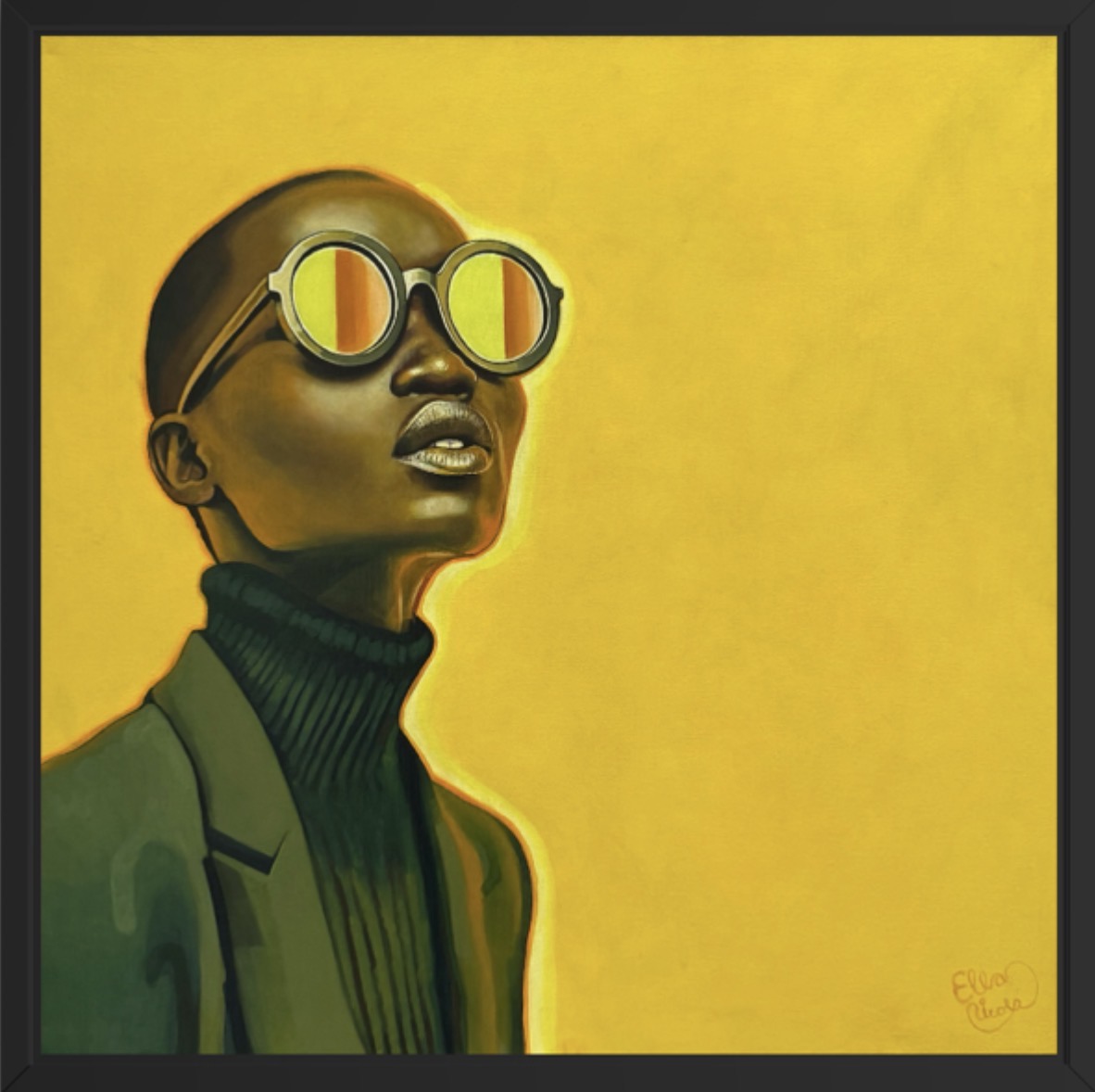 Artistic depiction of a person wearing reflective sunglasses against a yellow background