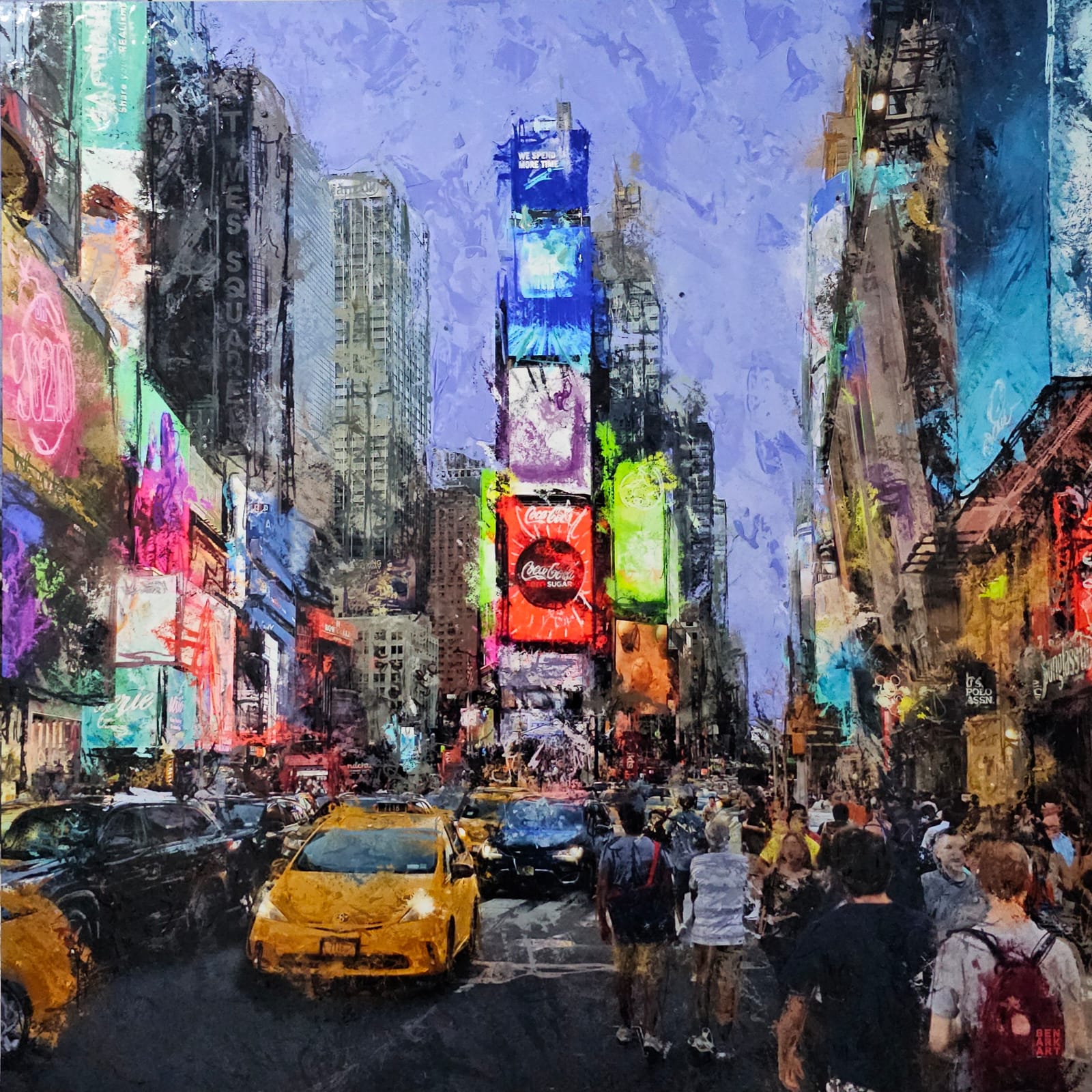 Colorful city street scene with tall buildings and people walking. Times Square New York City