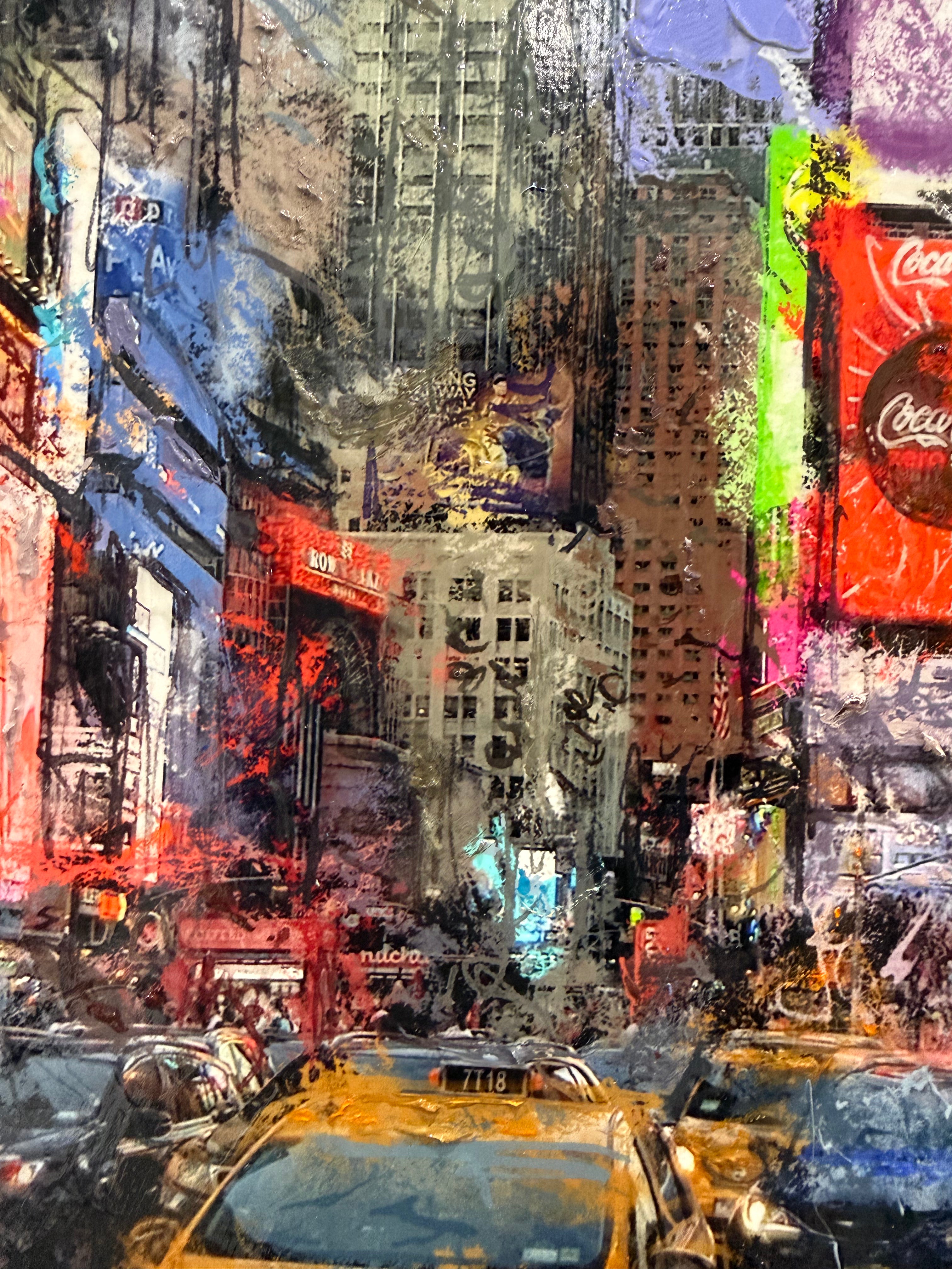 Abstract cityscape with tall buildings and yellow taxis, featuring colourful and artistic brush strokes.