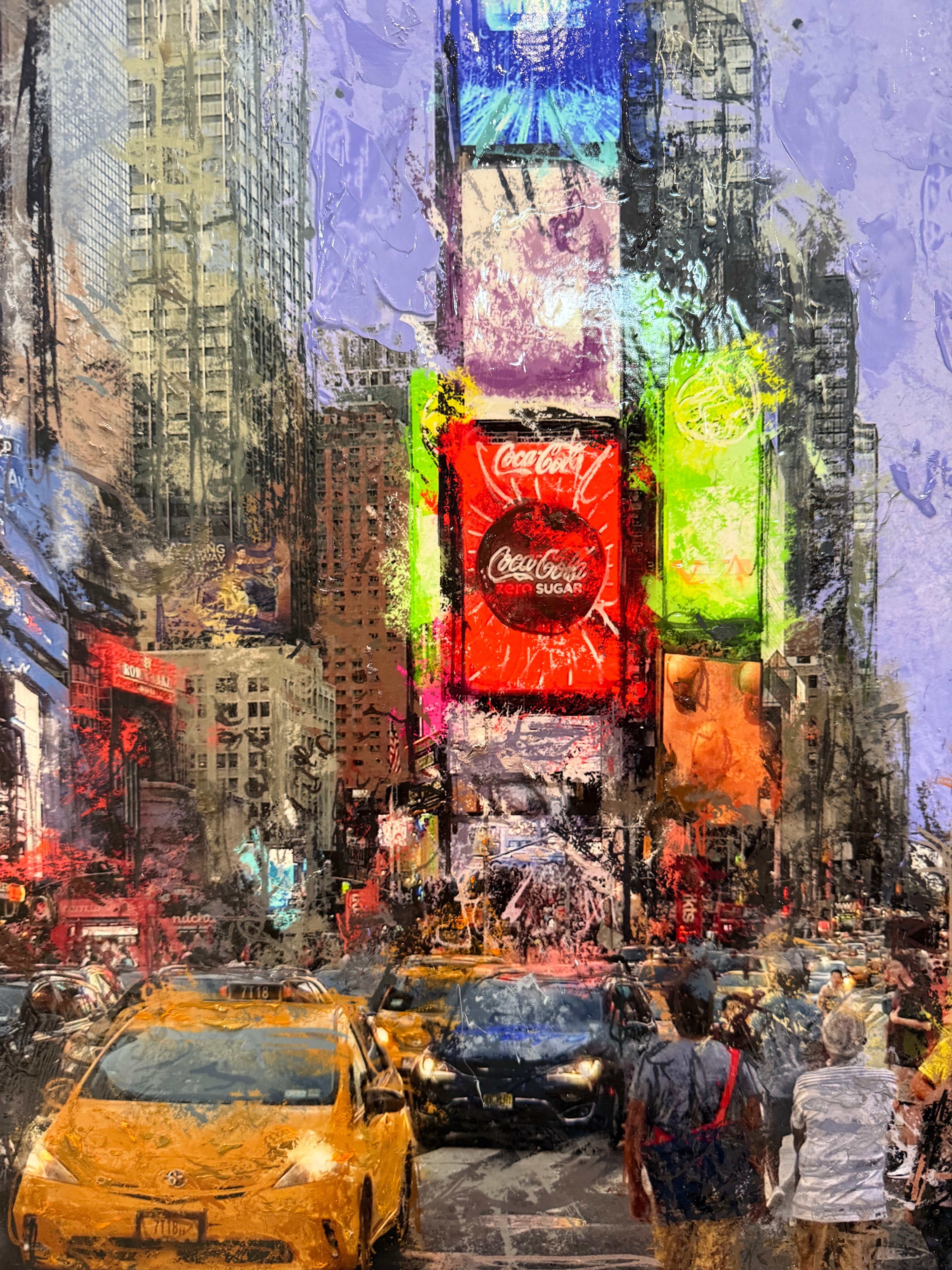 Colourful urban scene with tall buildings, a taxi, and people walking on a busy street.