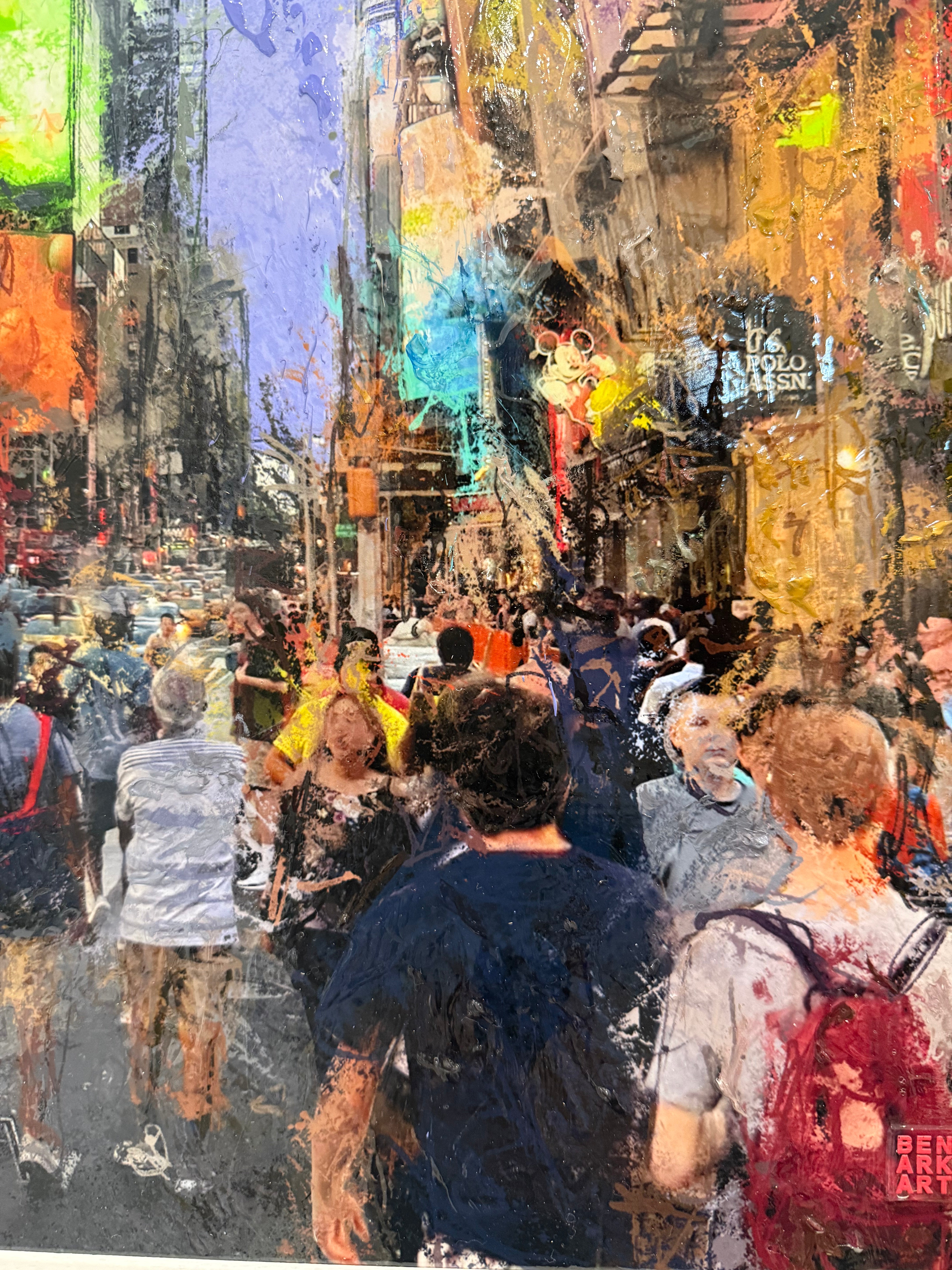 Colorful abstract painting of a busy city street with people.